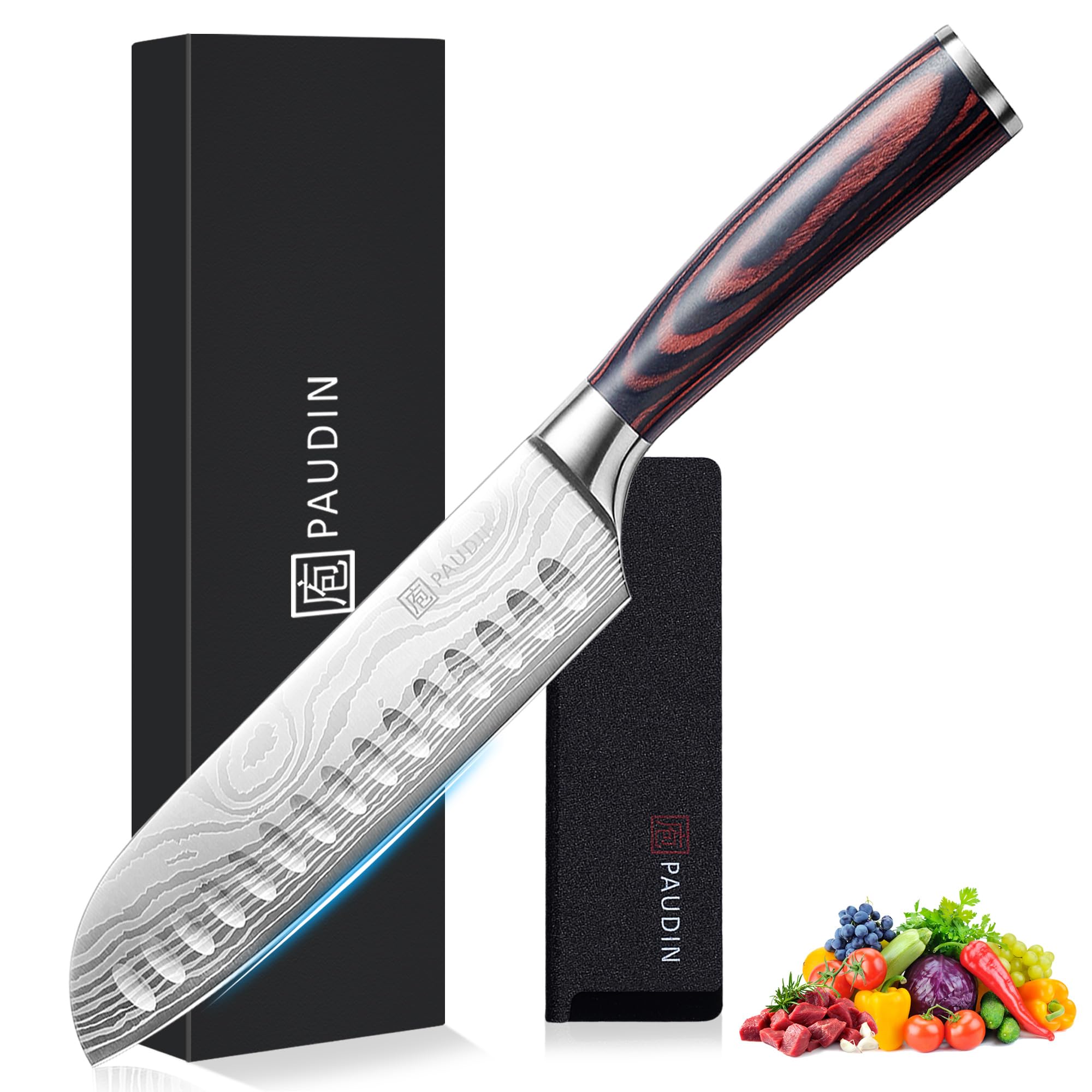 PAUDIN Santoku Knife 7-Inch razor-sharp edge enables precise slicing.