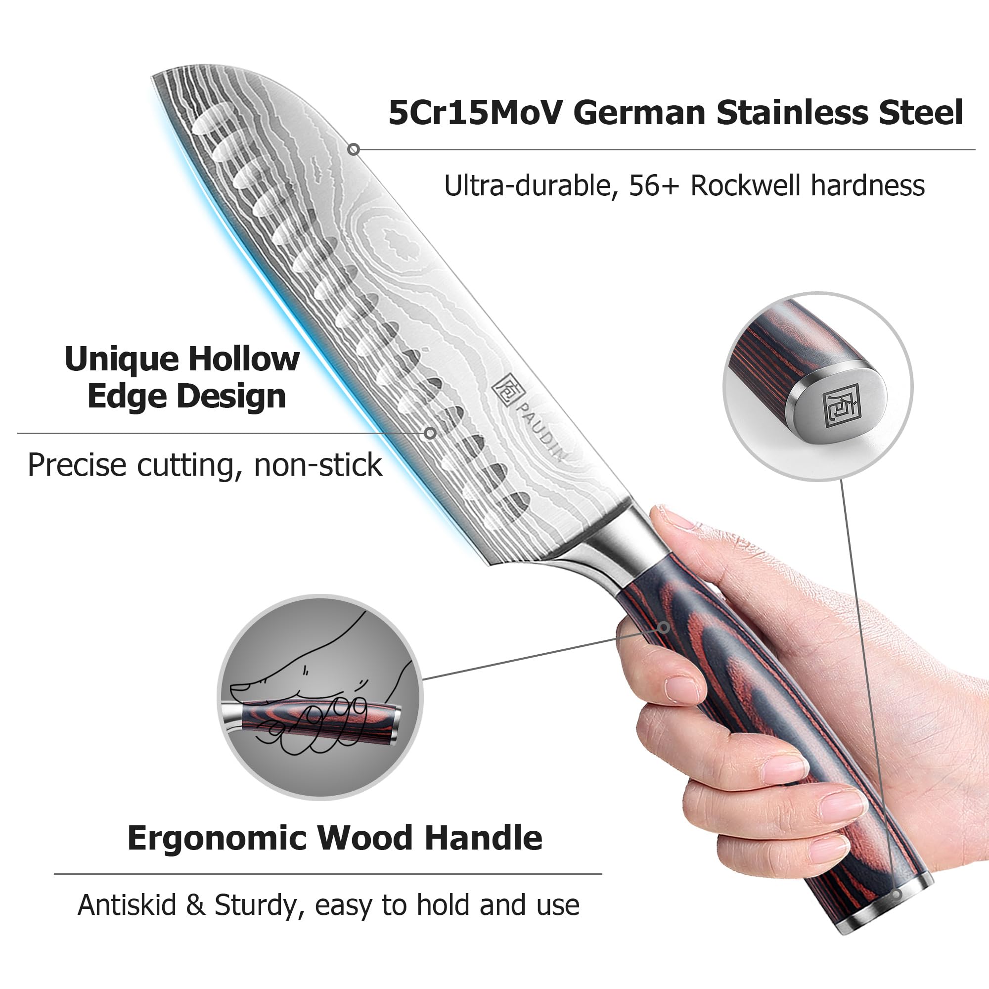 PAUDIN Santoku Knife 7-Inch ideal for slicing meat with clean cuts.
