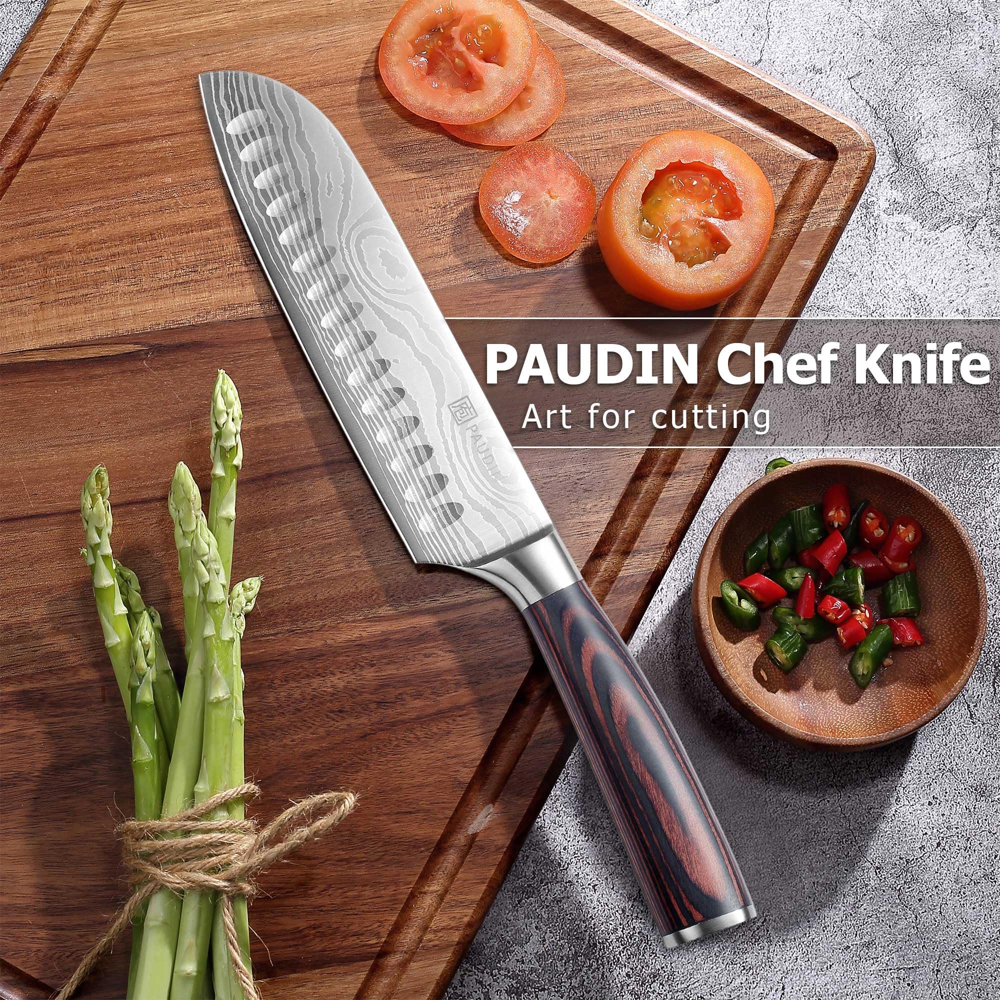 PAUDIN Santoku Knife 7-Inch excels at dicing vegetables quickly and evenly.