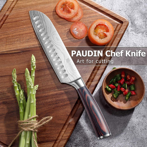 PAUDIN Santoku Knife 7-Inch excels at dicing vegetables quickly and evenly.