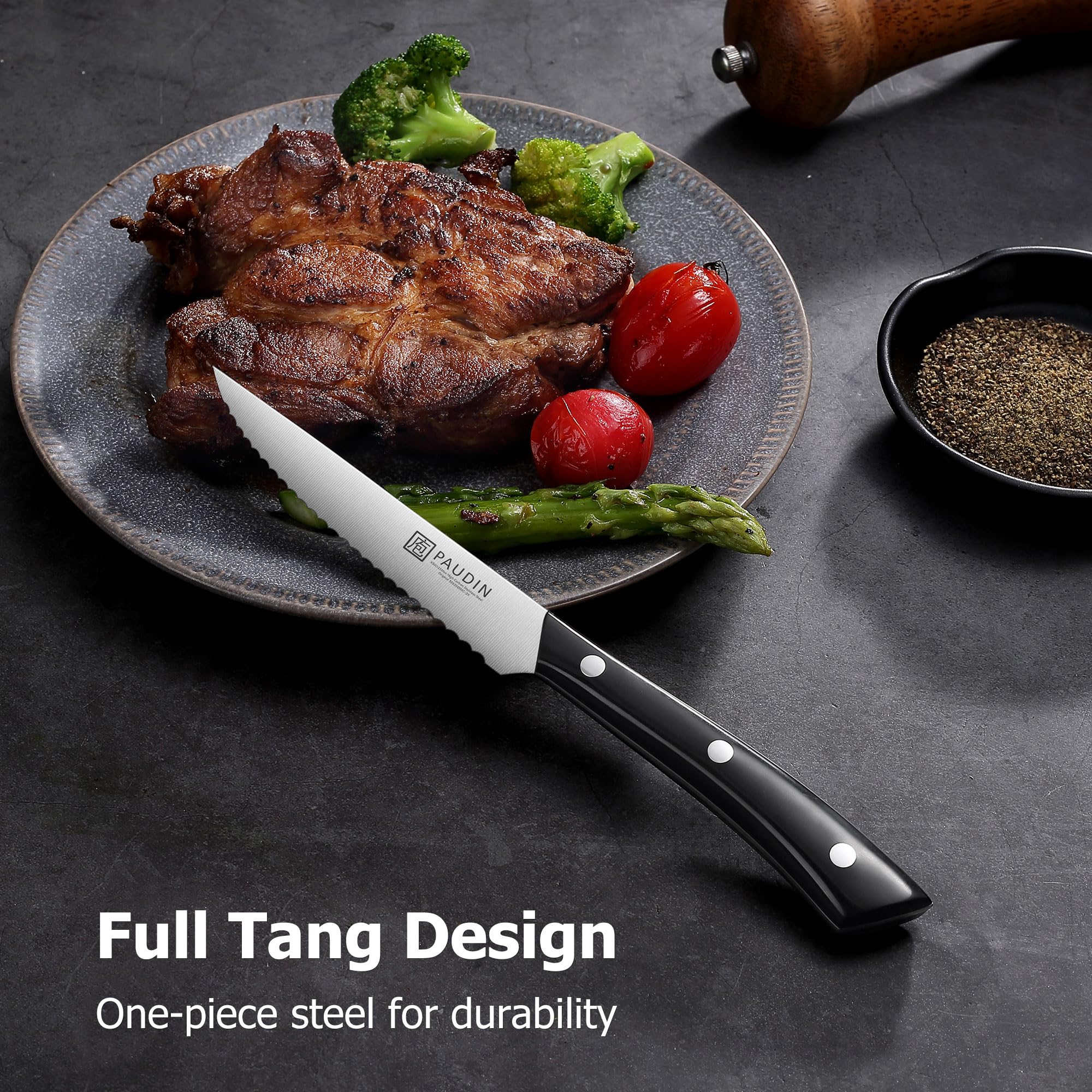 PAUDIN steak knives cutting steak smoothly with minimal tearing.