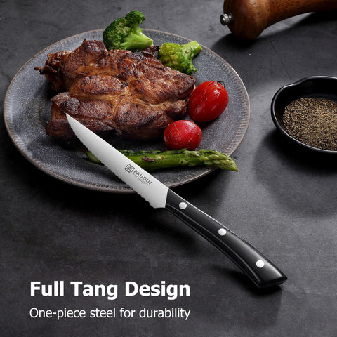 PAUDIN steak knives cutting steak smoothly with minimal tearing.