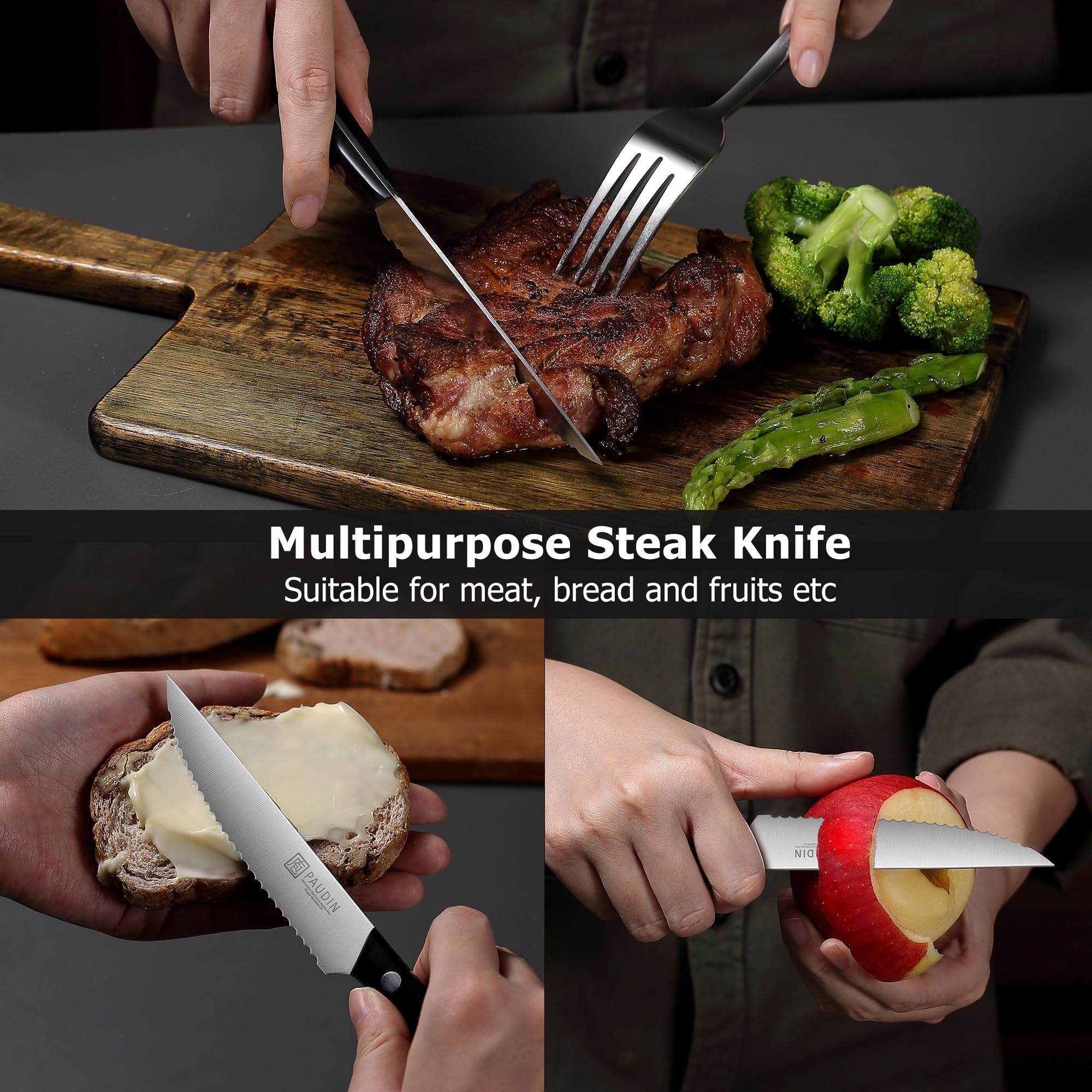 PAUDIN steak knives dining scene highlights comfort and balance.