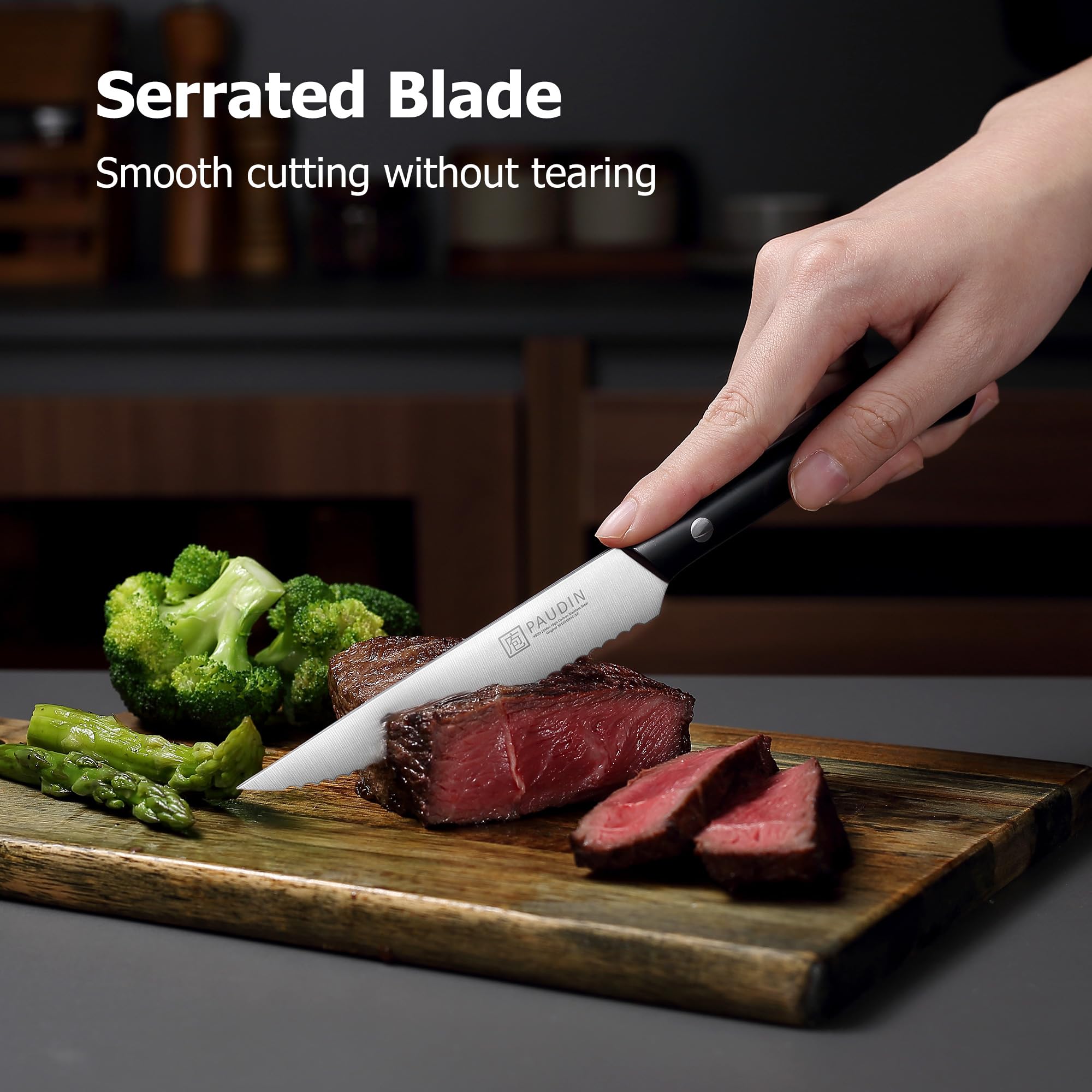 PAUDIN steak knives full-tang ABS handle demonstrates durability.