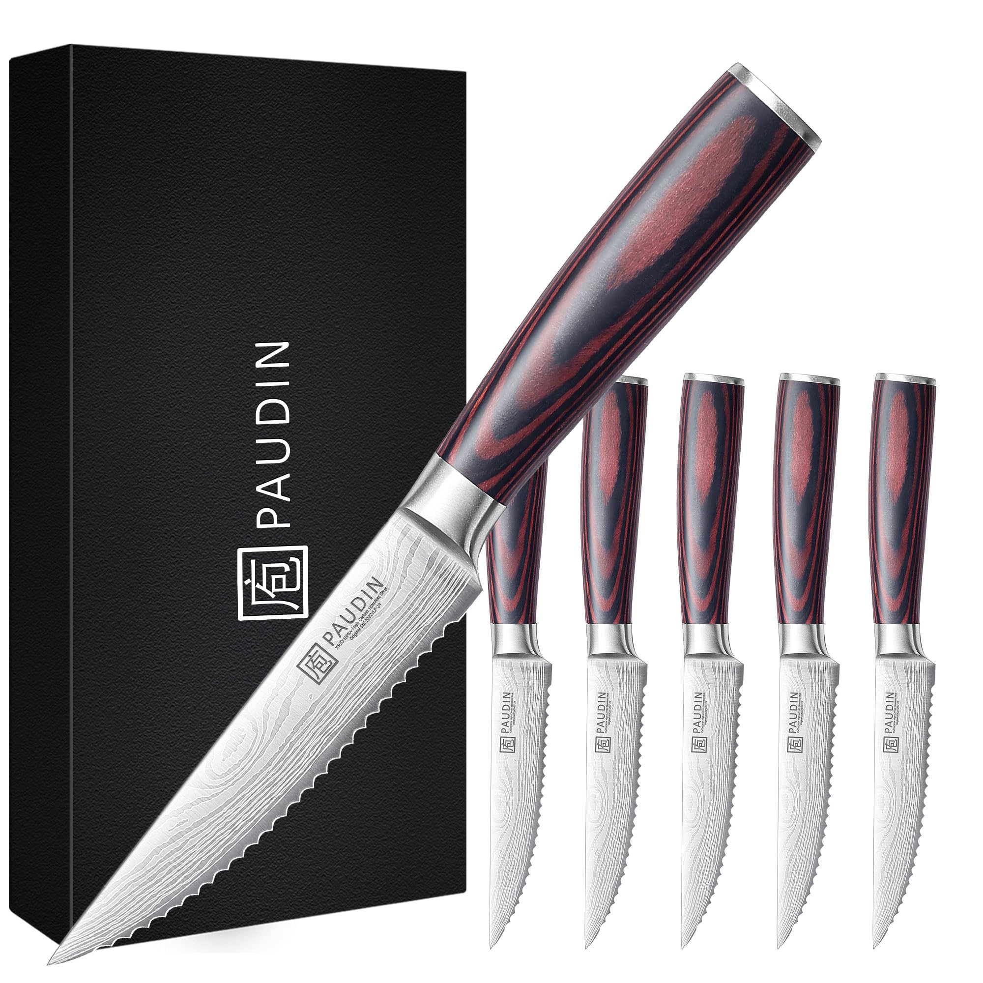 PAUDIN steak knives set with pakkawood handle for comfortable grip and balanced cutting