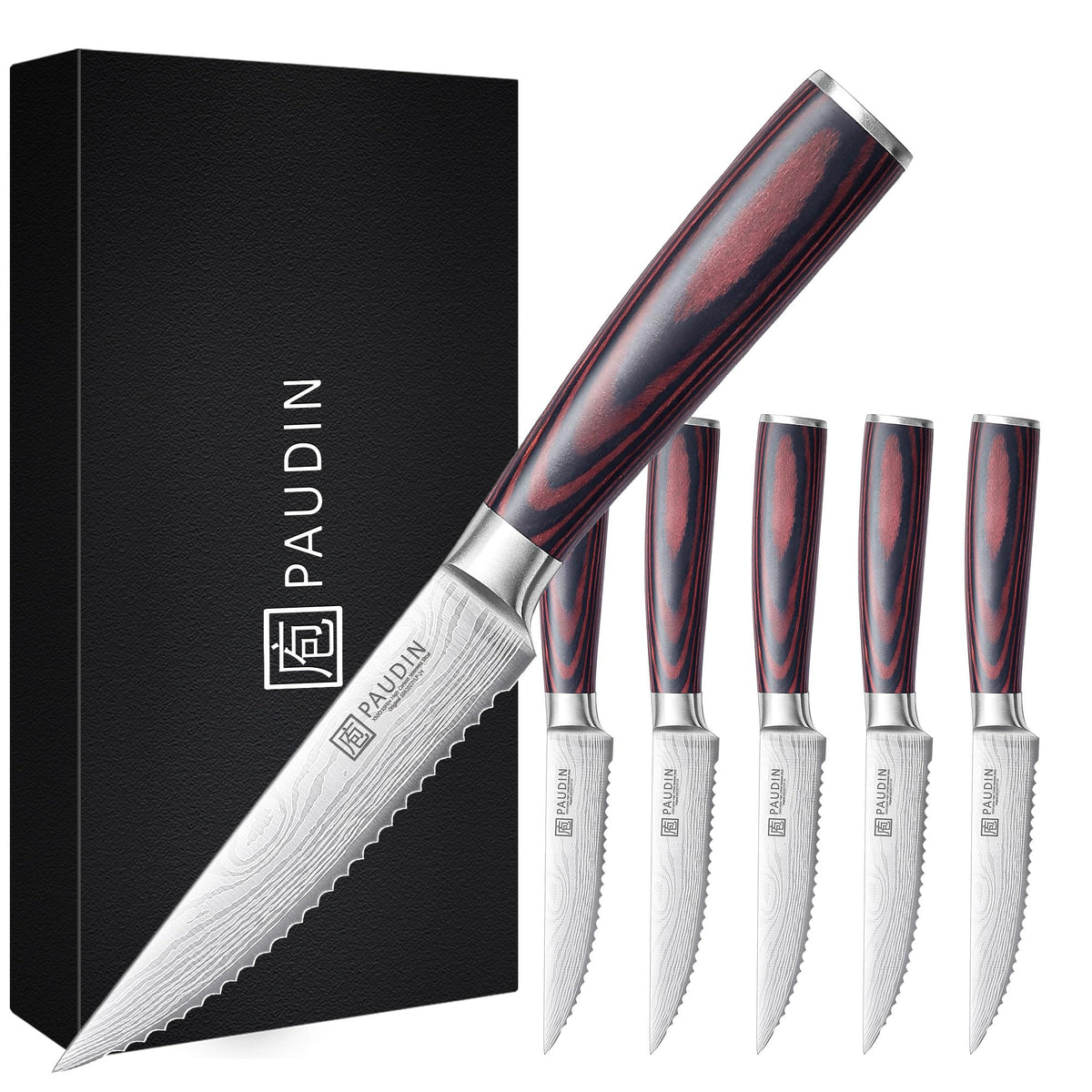 PAUDIN steak knives set with pakkawood handle for comfortable grip and balanced cutting