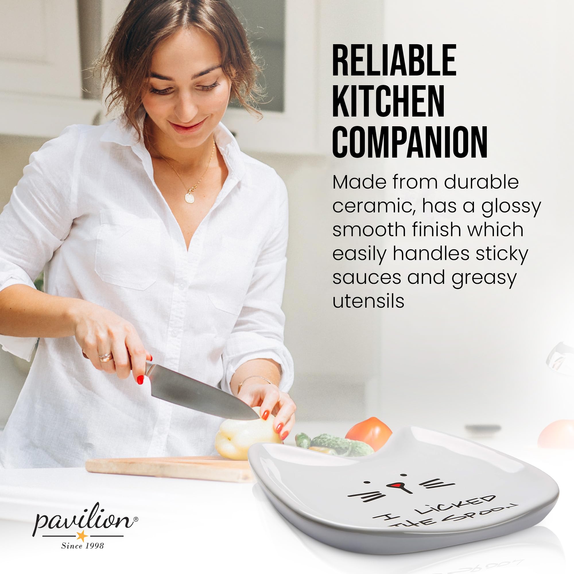 Pavilion Blobby Cat spoon rest glaze detail highlights vibrant decals.