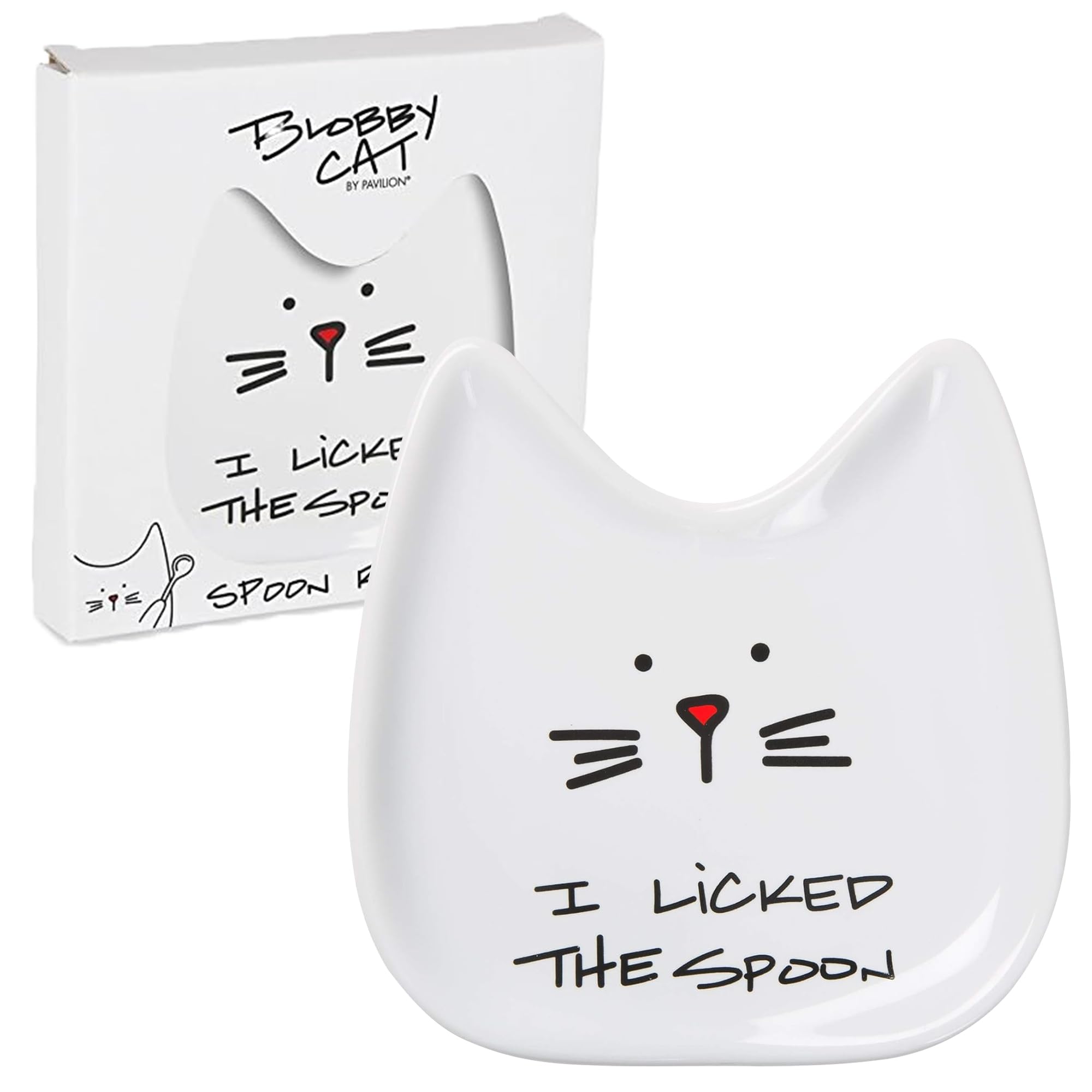 Pavilion Blobby Cat spoon rest with lick spoon text keeps utensils organized.