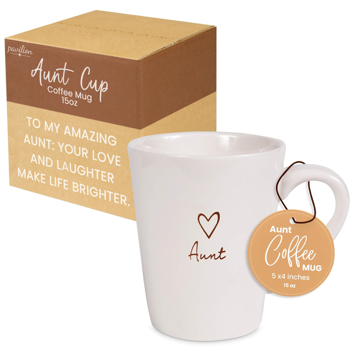 Pavilion Gift Company Aunt Cup 15 oz cream mug with heart tag, ideal for gifting.