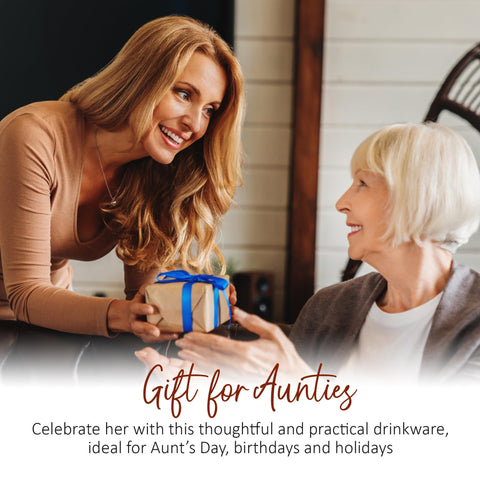 Microwave-safe 15 oz Aunt Cup offers quick reheats without sacrificing style.