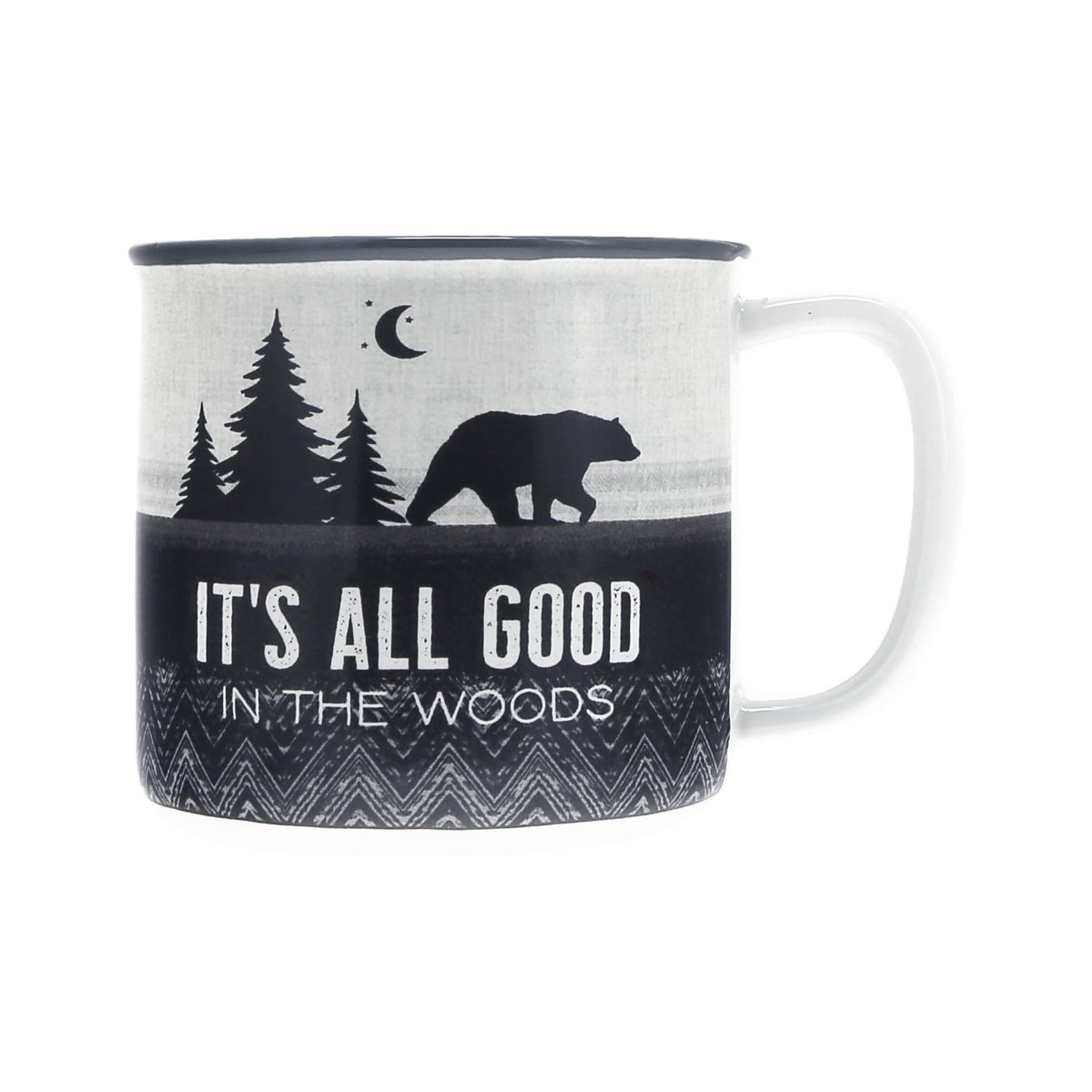 Pavilion Good In The Woods mug front view with bear silhouette for cozy cabin mornings.