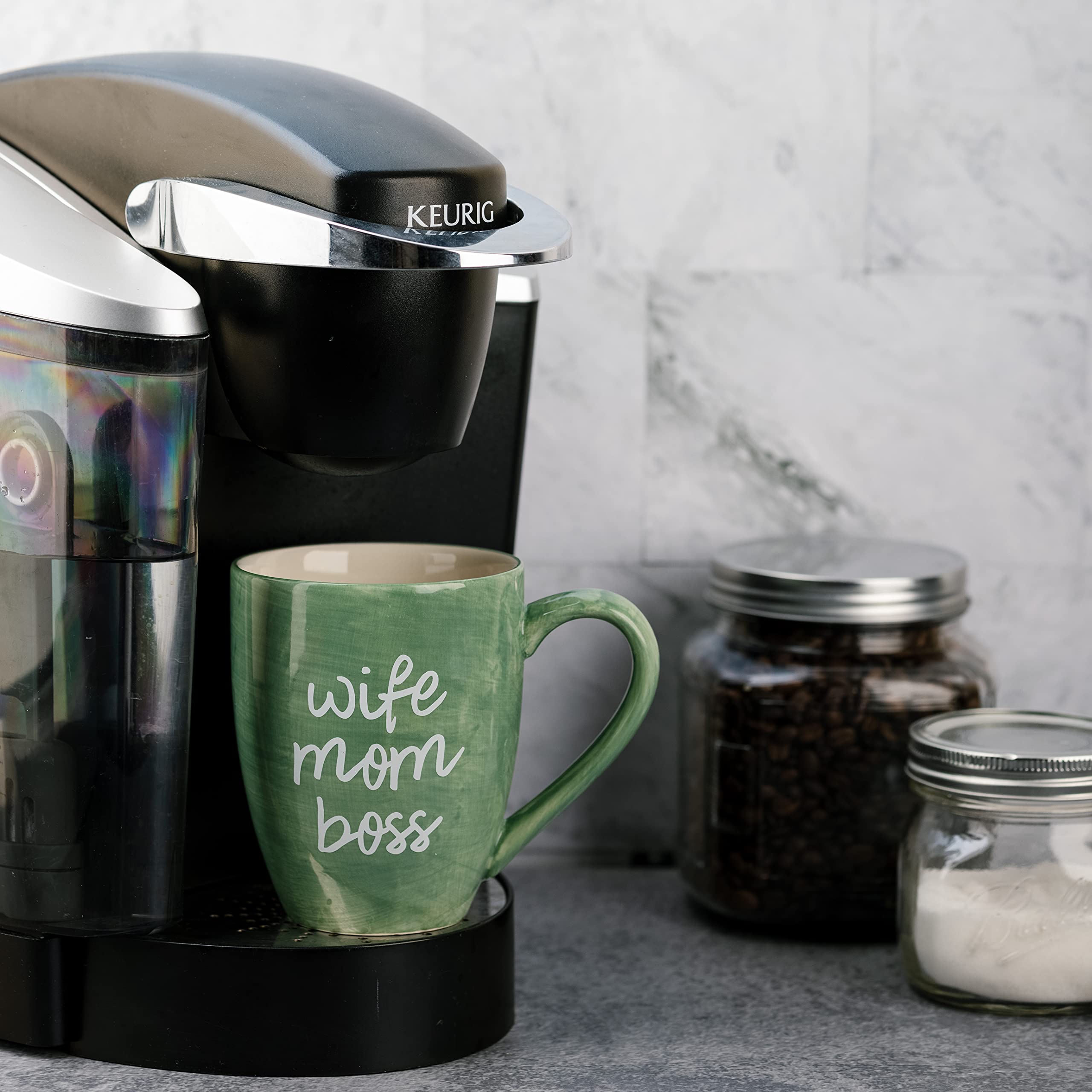 Pavilion green mug on kitchen counter ready for daily use