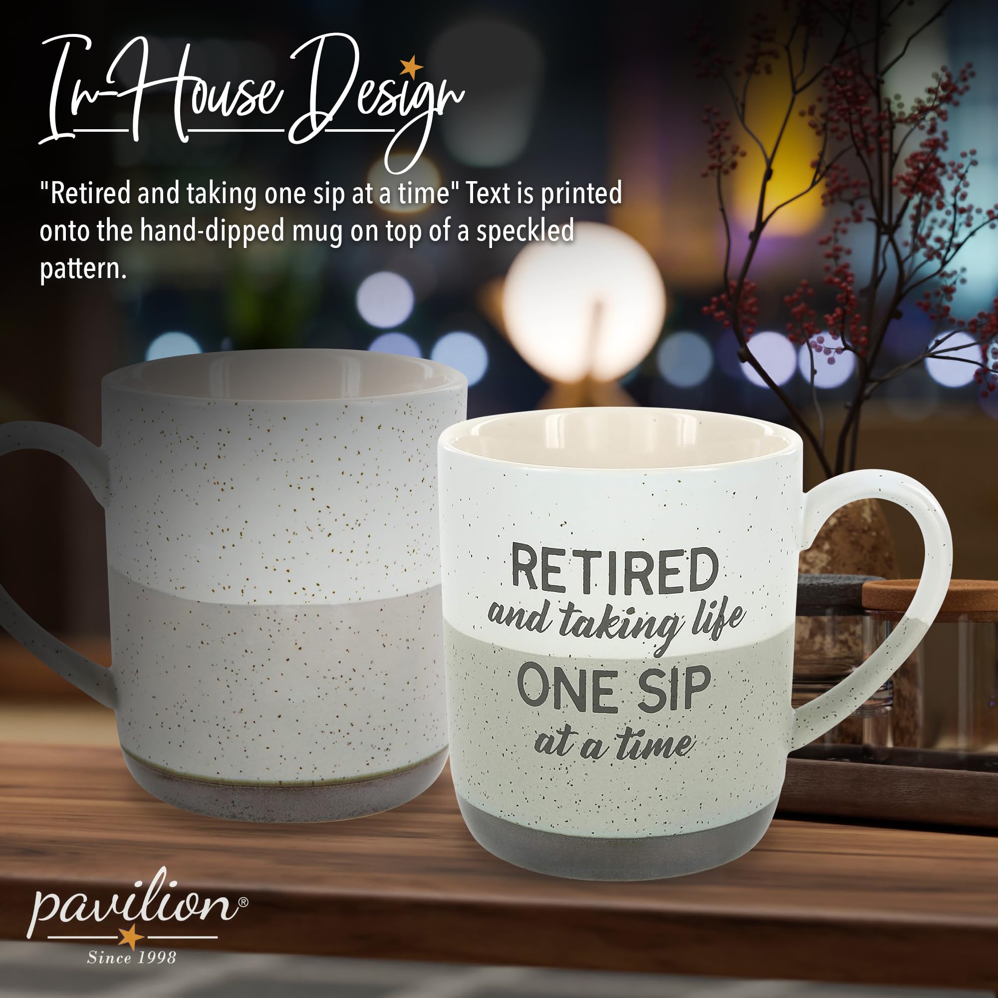 Pavilion retirement mug bronze bottom detail adds warm elegance.