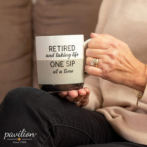 Pavilion retirement mug handle closeup showing comfortable grip.