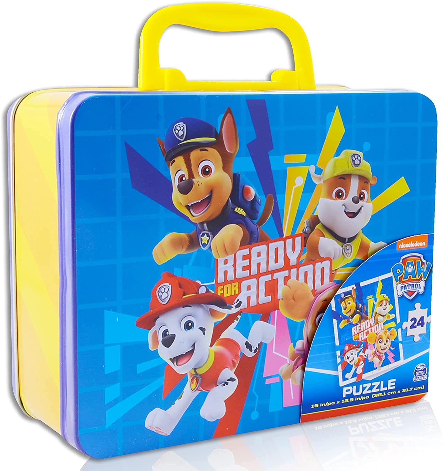 Paw Patrol 24-piece puzzle tin lunch box front view for on-the-go meals