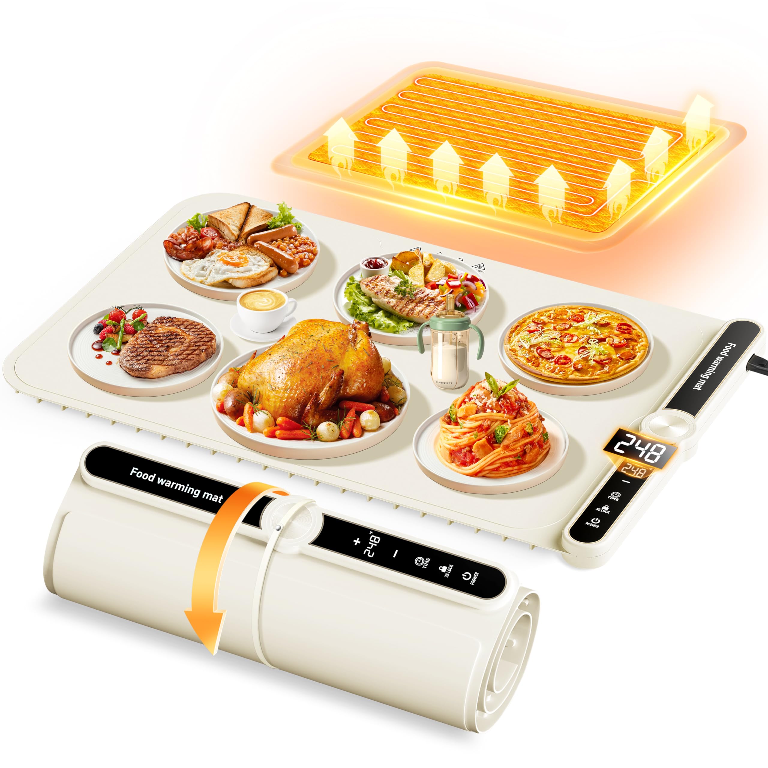 PAWCUB food warming mat showing full surface heating for quick warmth during gatherings.