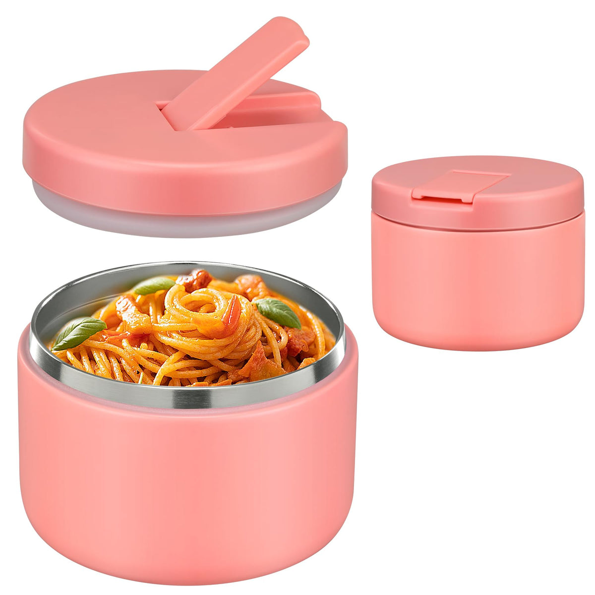 Pawtong 12oz insulated food jar front view in pink shows compact, convenient lunch.