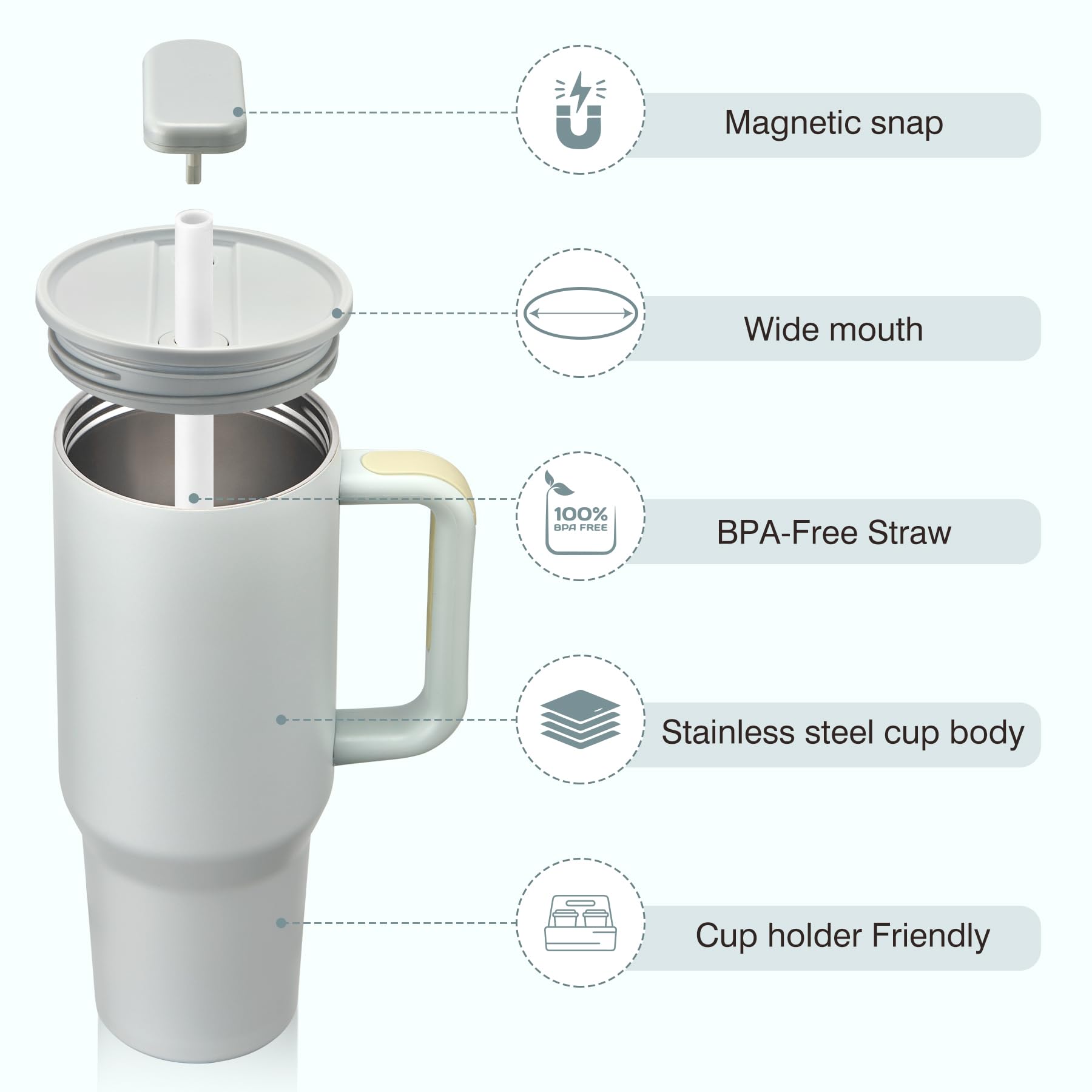 Pawtong stainless steel travel mug with ergonomic handle for on-the-go sipping.