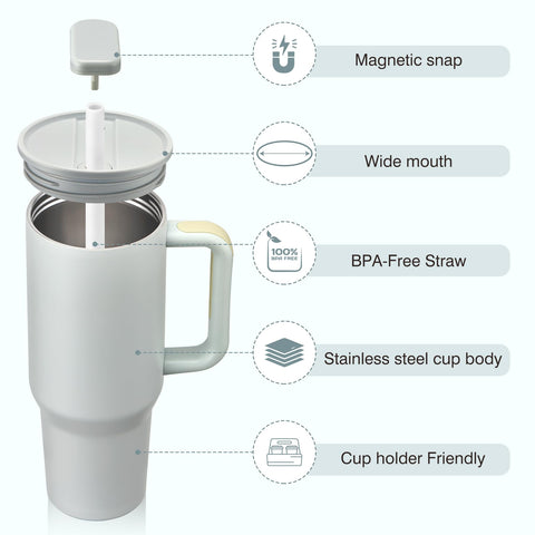 Pawtong stainless steel travel mug with ergonomic handle for on-the-go sipping.