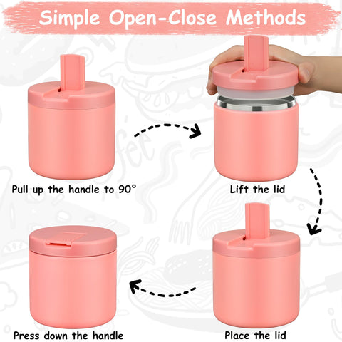 Pawtong wide-mouth pink soup thermos is easy to fill and clean for kids.