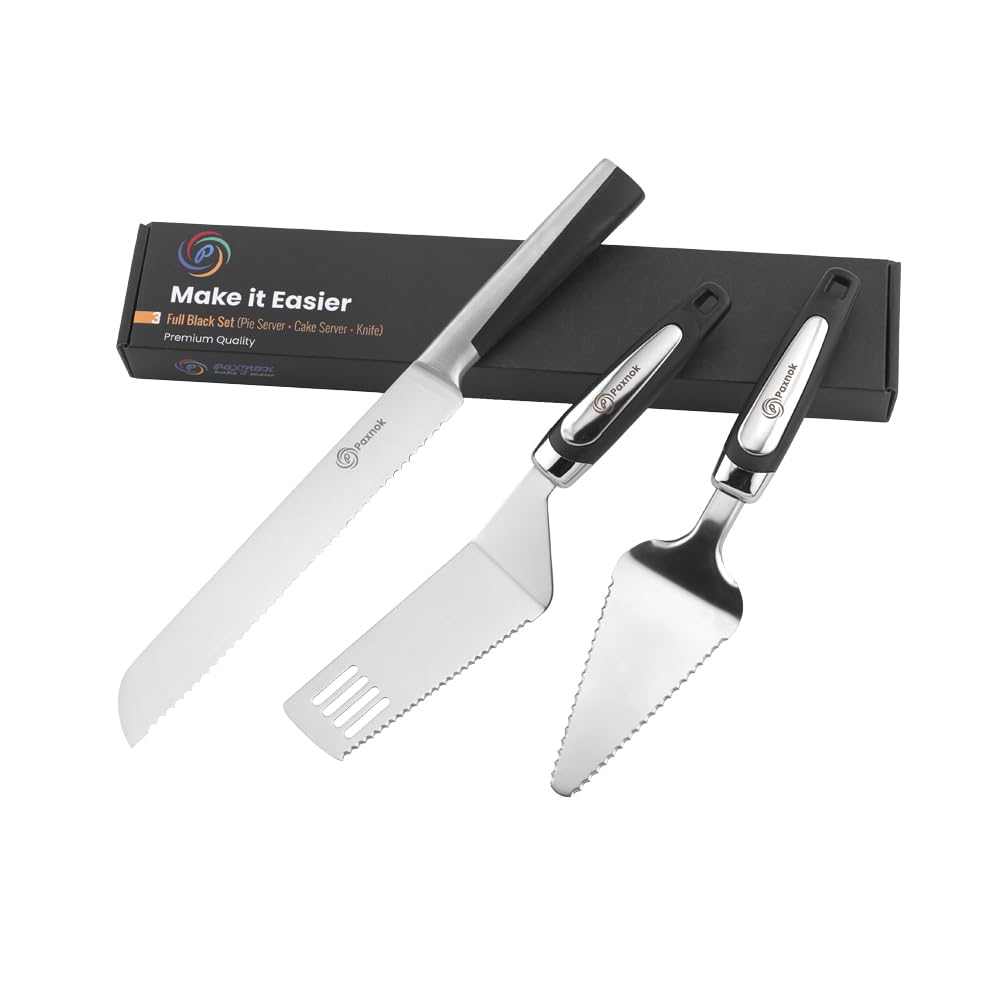 PAXNOK cake knife and pie server set with double serration for clean slices