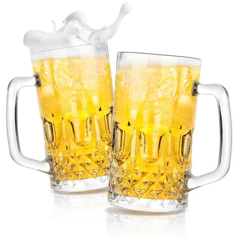Paysky beer mug set with handles showing two crystal 22oz glasses for at-home enjoyment