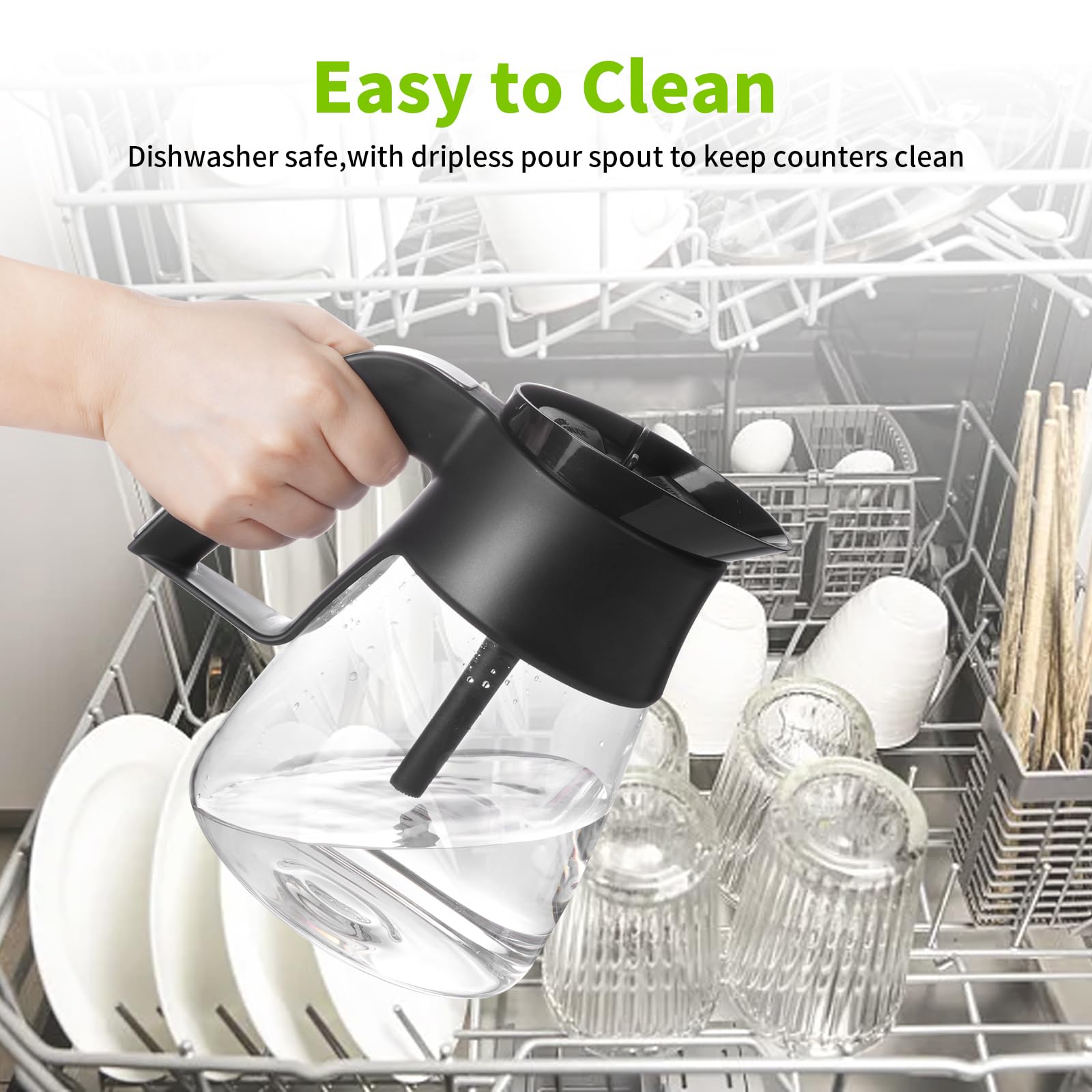 PCTTOIL dishwasher-safe glass carafe for easy cleanup.