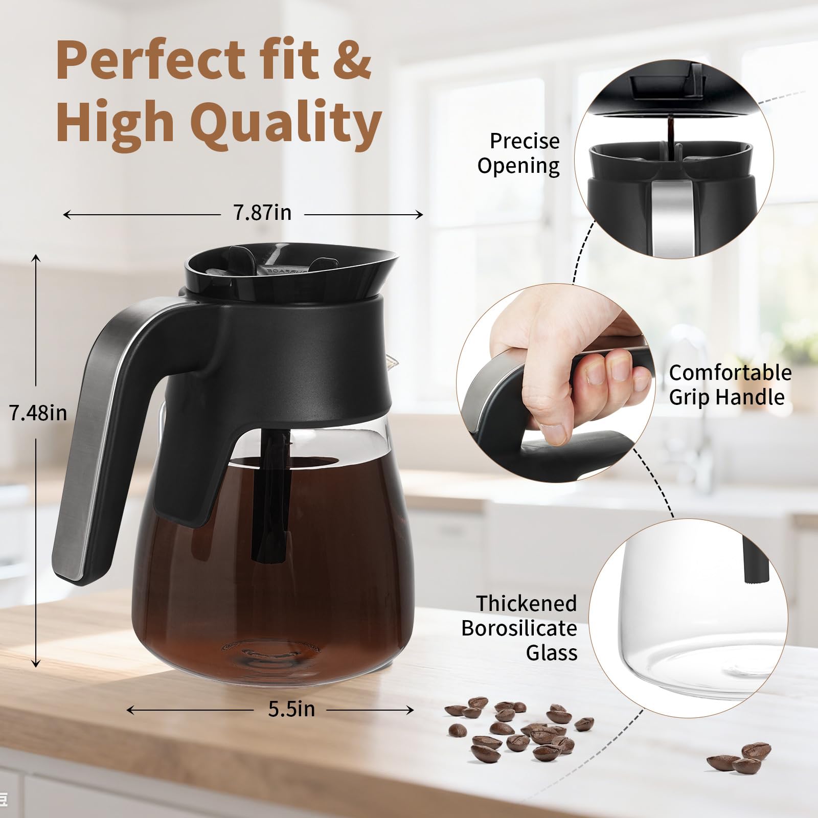 PCTTOIL stainless steel accents enhance the carafe's style on kitchen counters.