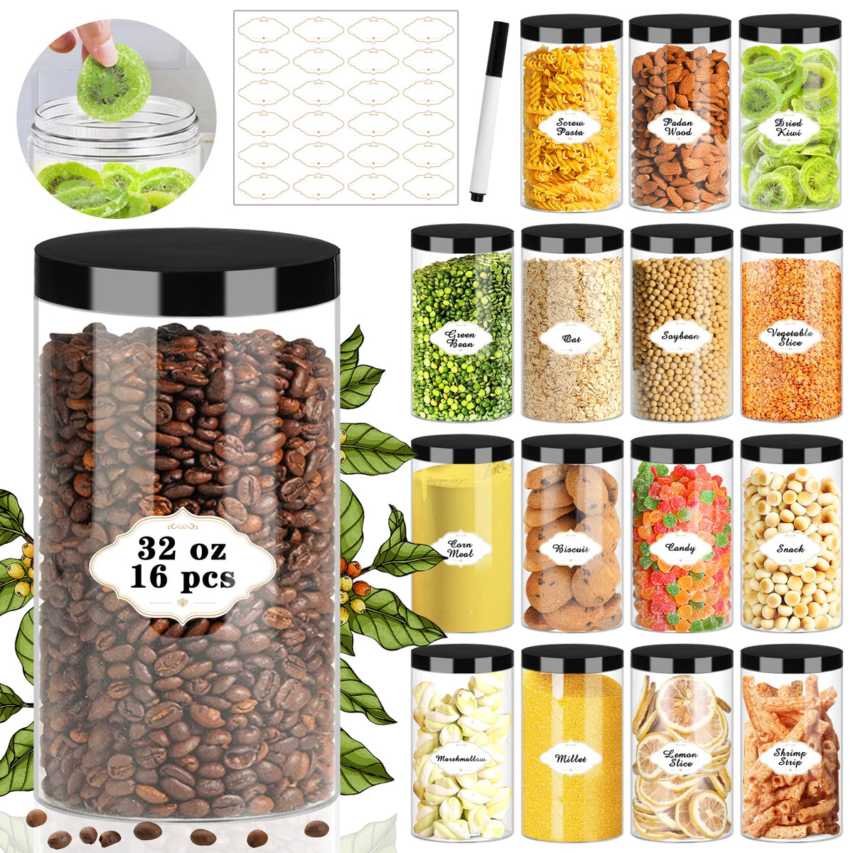 PeacePeo 32 oz clear jar with lids for organized pantry storage and easy access.
