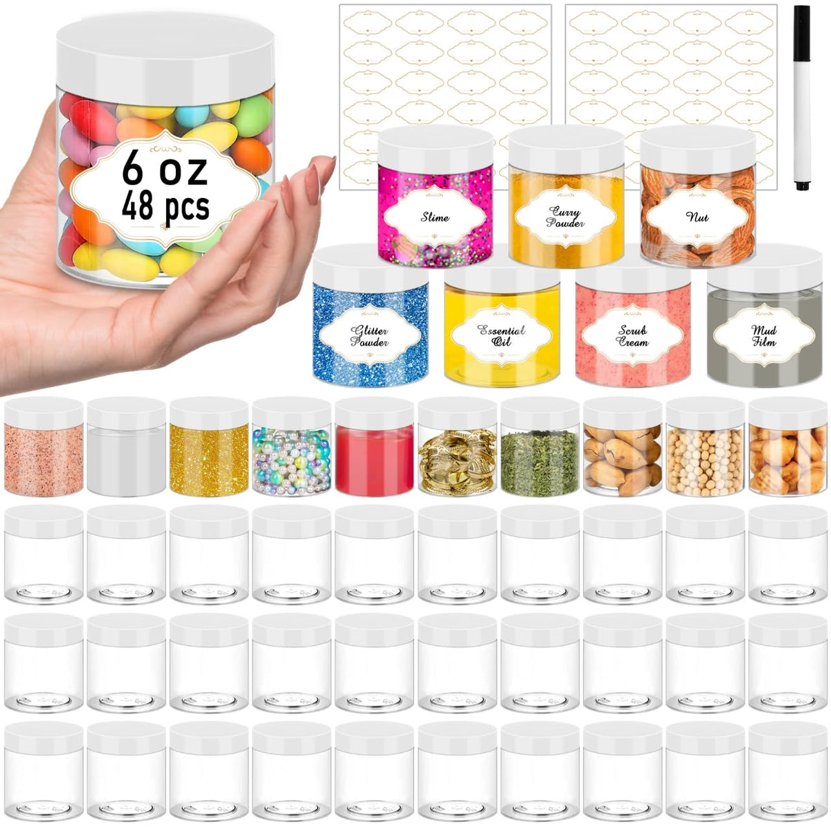 PeacePeo 6oz clear jar with wide mouth for easy filling and viewing contents.