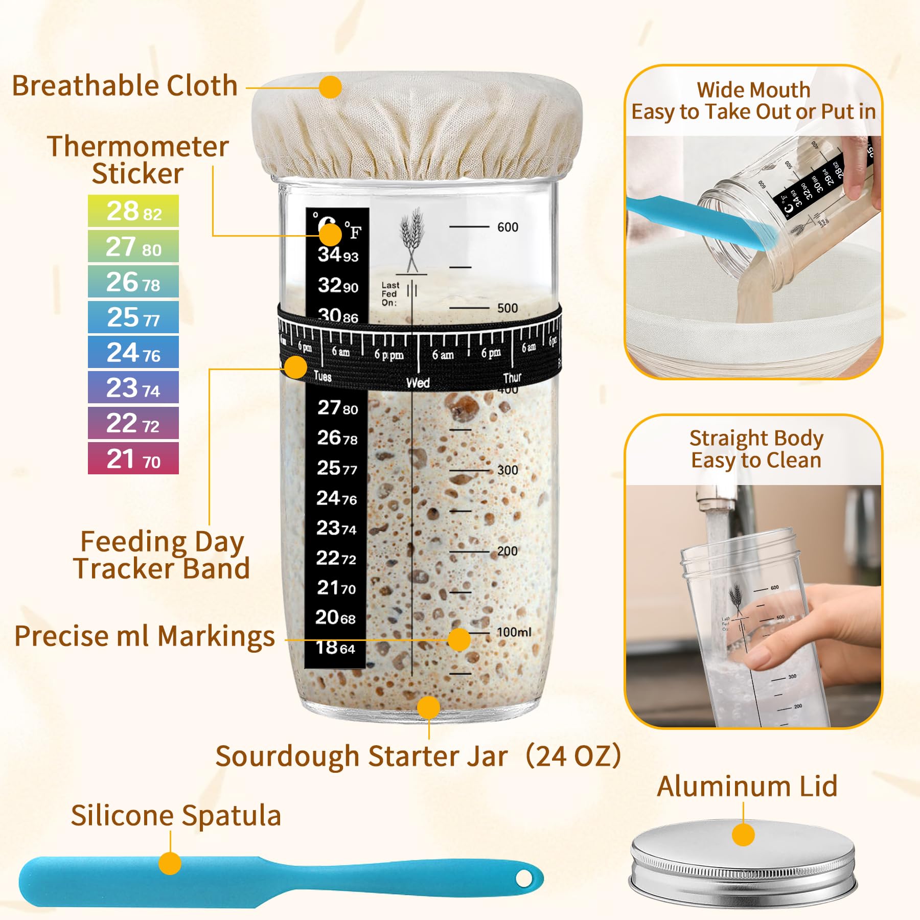PeacePeo sourdough starter jar 24oz for convenient feeding and storage.