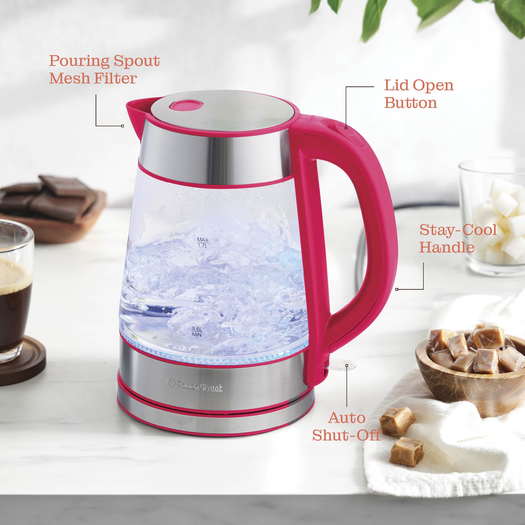 Peach Street Speed-Boil kettle on a 360° rotating base for easy access.