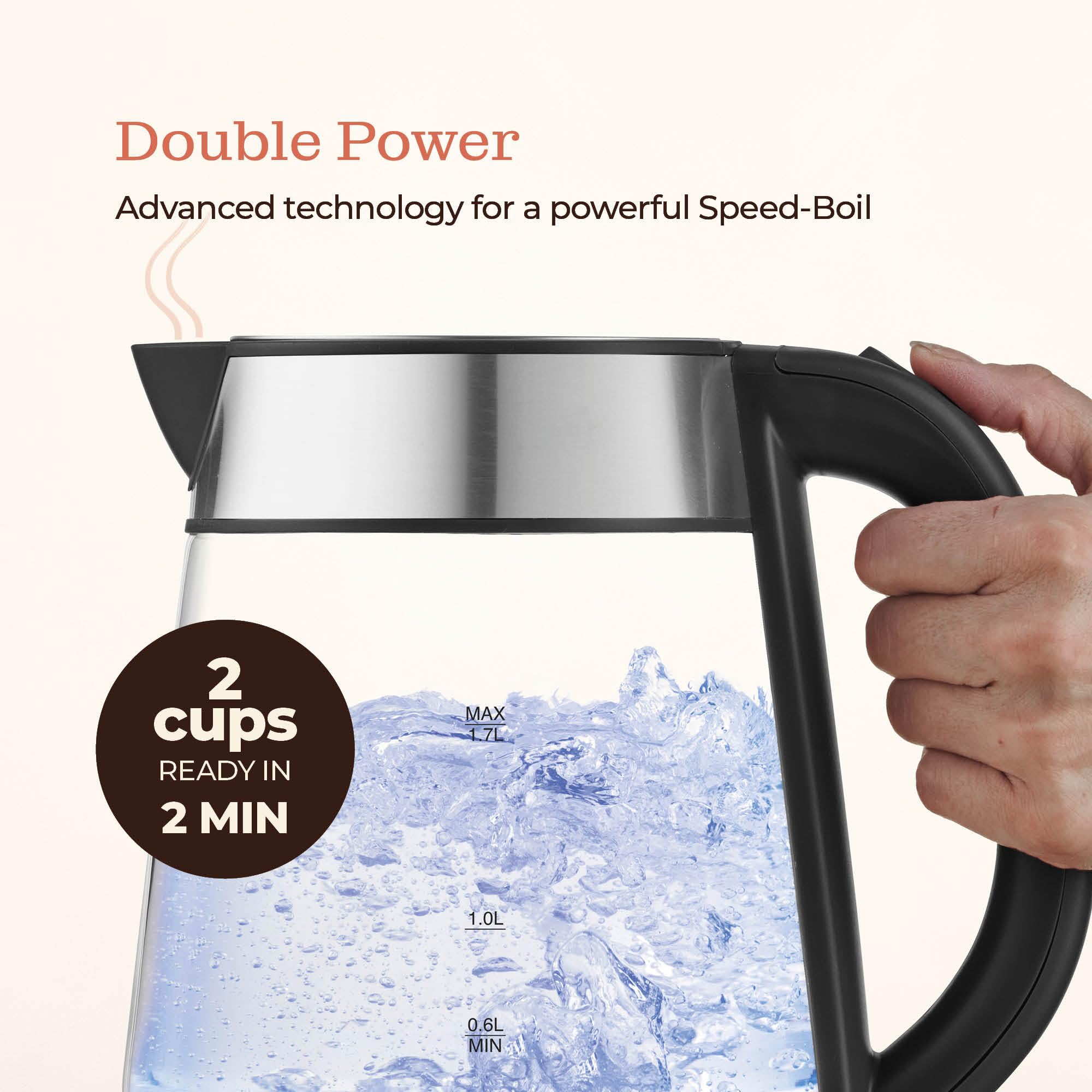 Peach Street Speed-Boil on a 360° base enables easy cordless pouring.