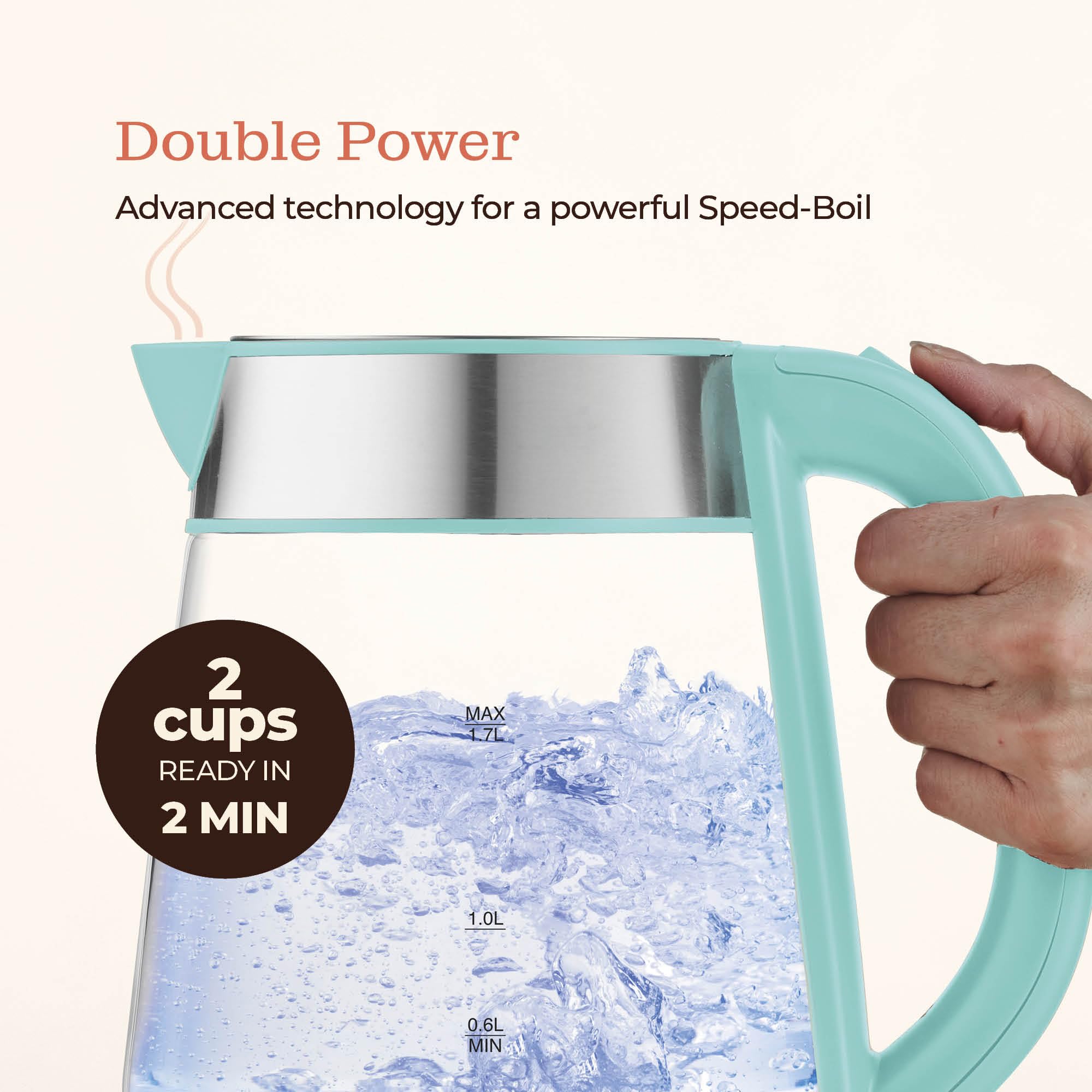 Peach Street Speed-Boil kettle on 360° base enabling easy cordless pouring.