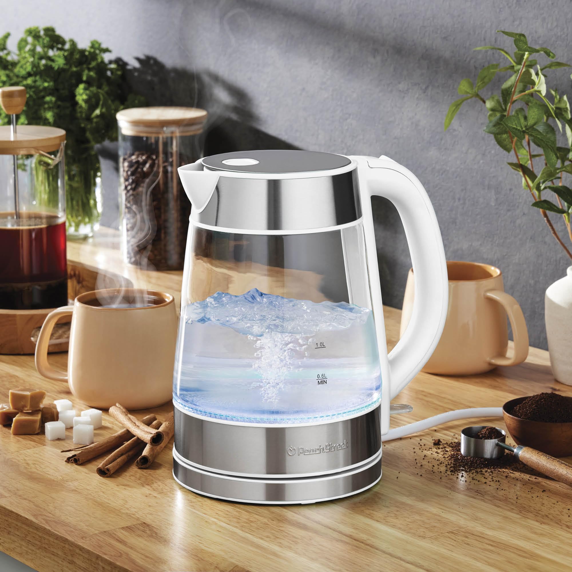Peach Street Speed-Boil kettle base 360° rotation for easy cordless pouring.
