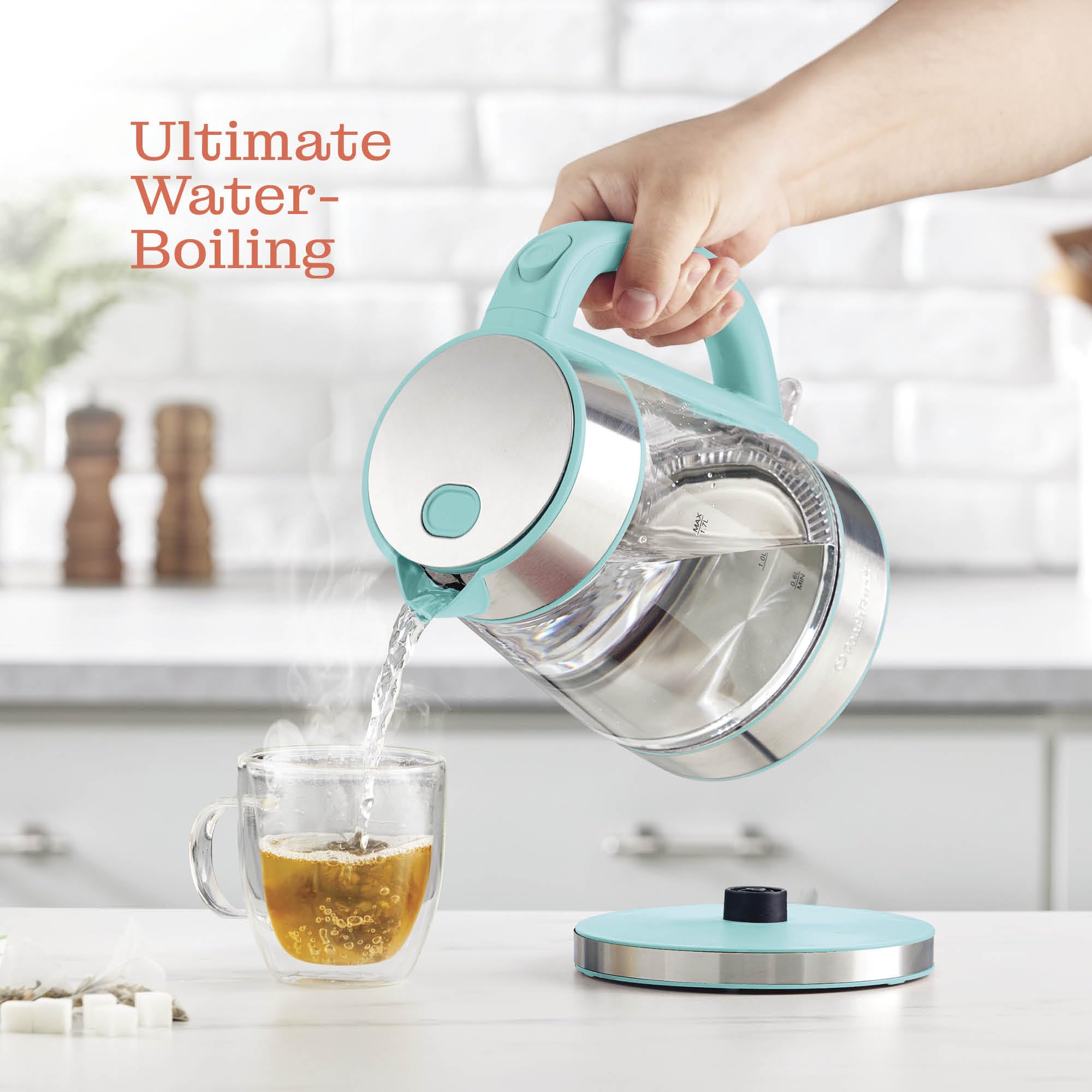 Peach Street Speed-Boil kettle with blue LED boil light for quick tea prep.