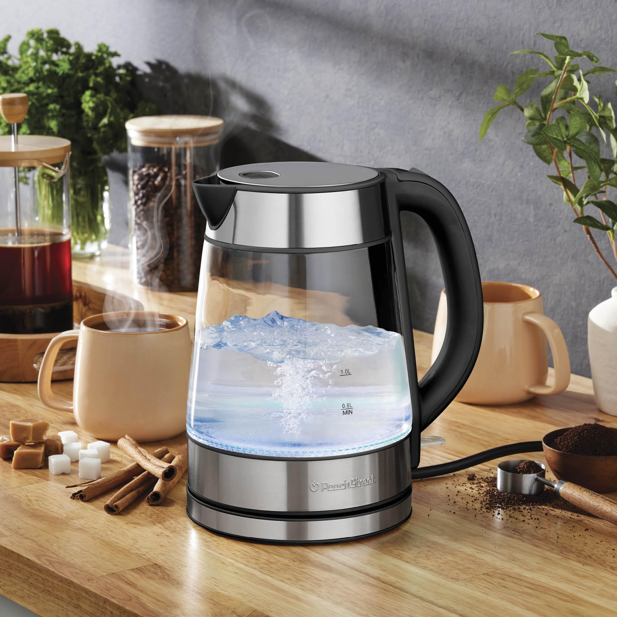 Peach Street Speed-Boil kettle blue LED indicator during heating.