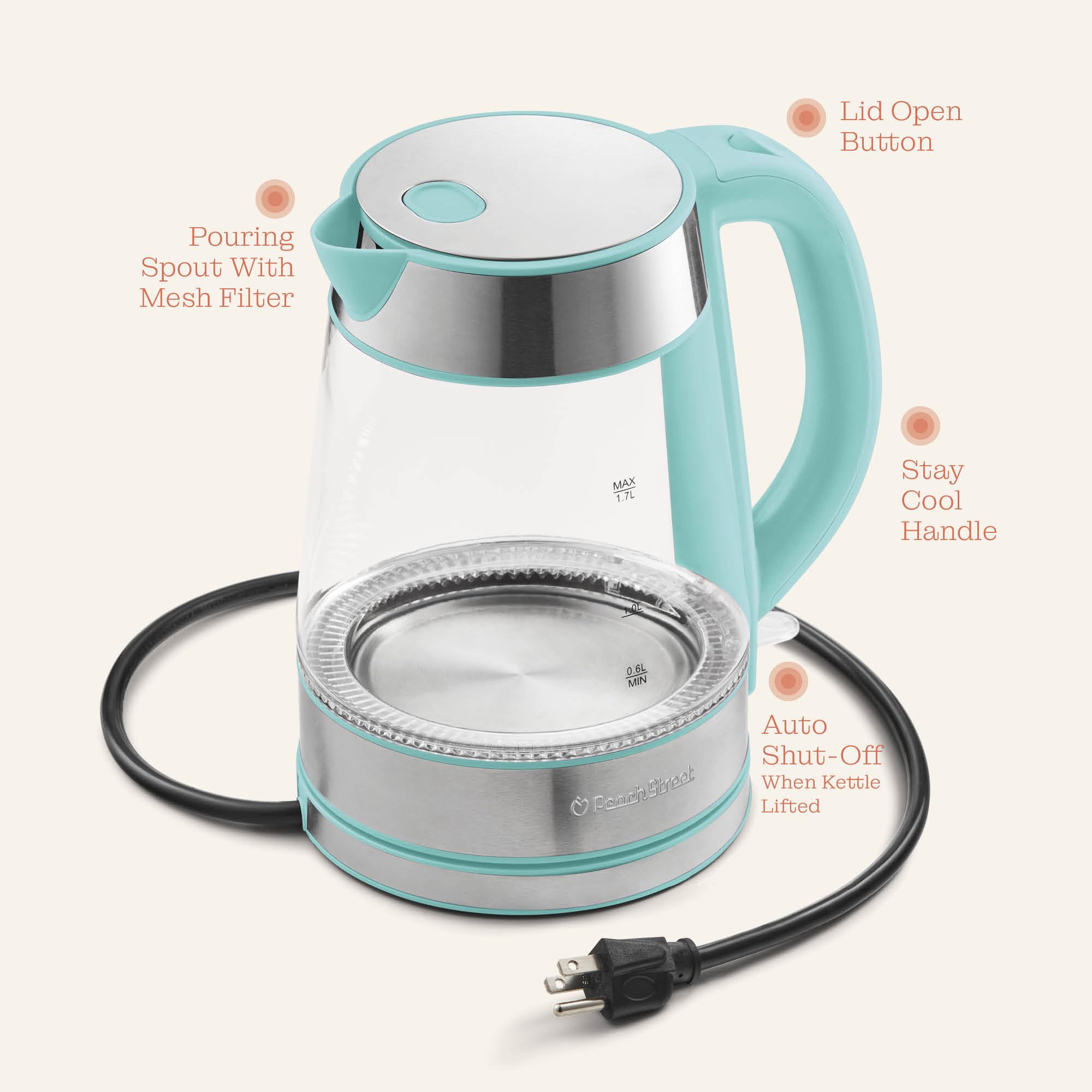 Peach Street Speed-Boil borosilicate glass exterior adds modern kitchen charm.