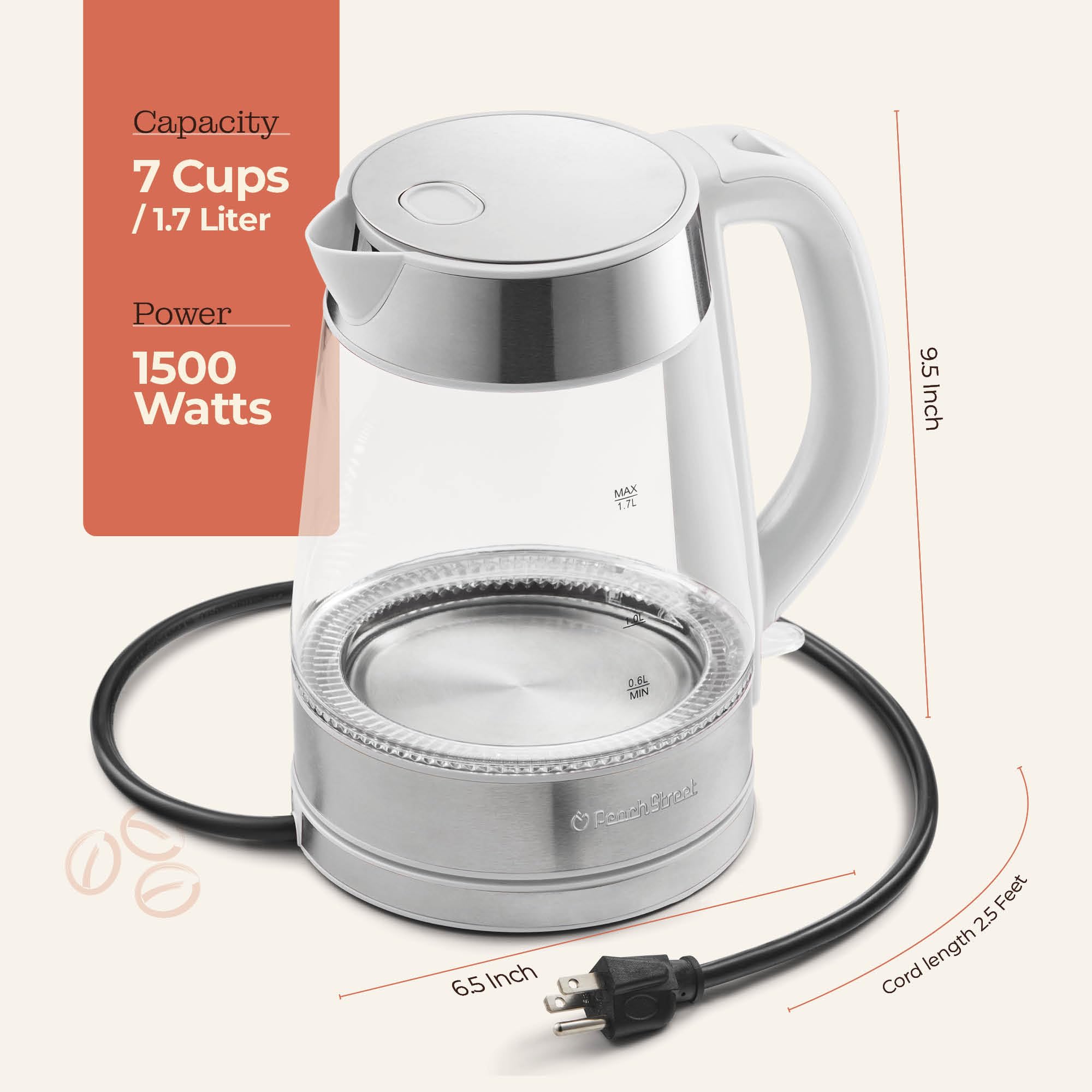 Peach Street Speed-Boil borosilicate glass body for durability and clarity.