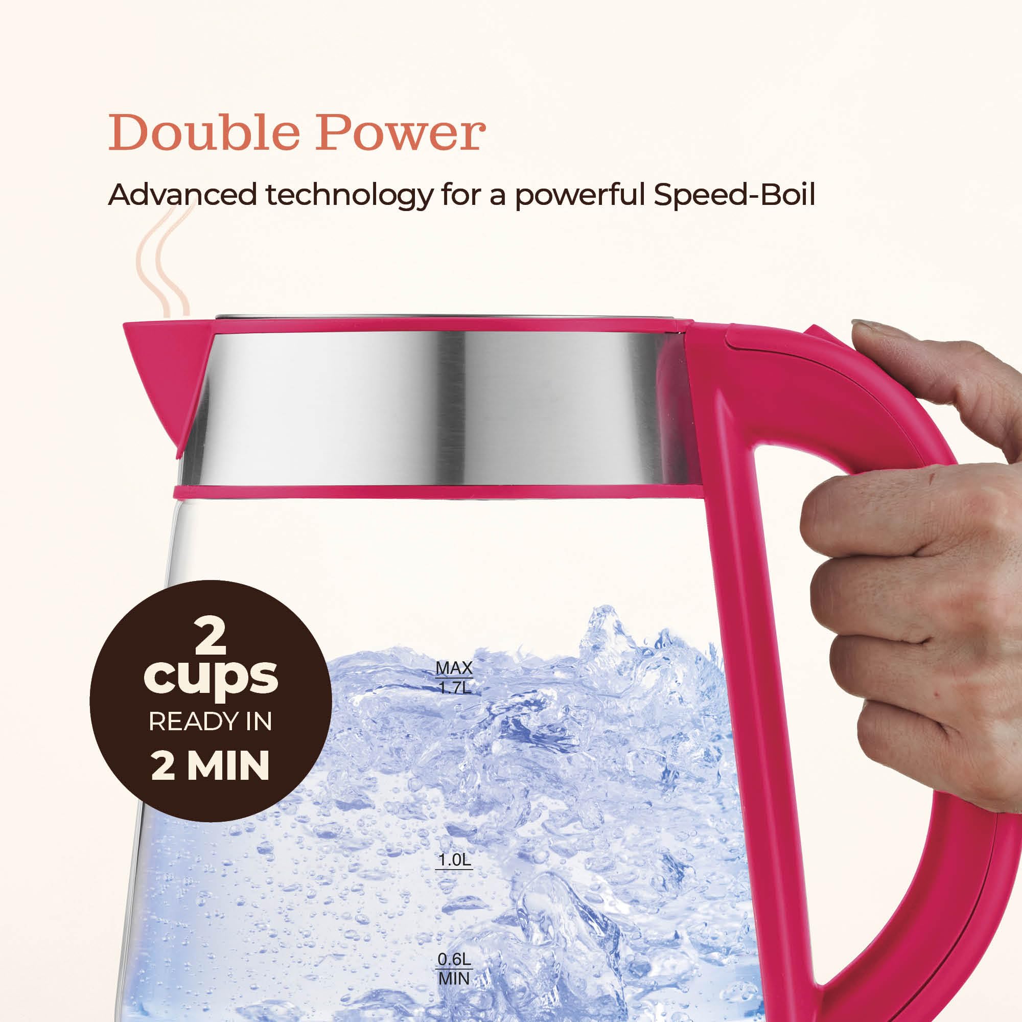 Peach Street Speed-Boil cool-touch handle for safe pouring.
