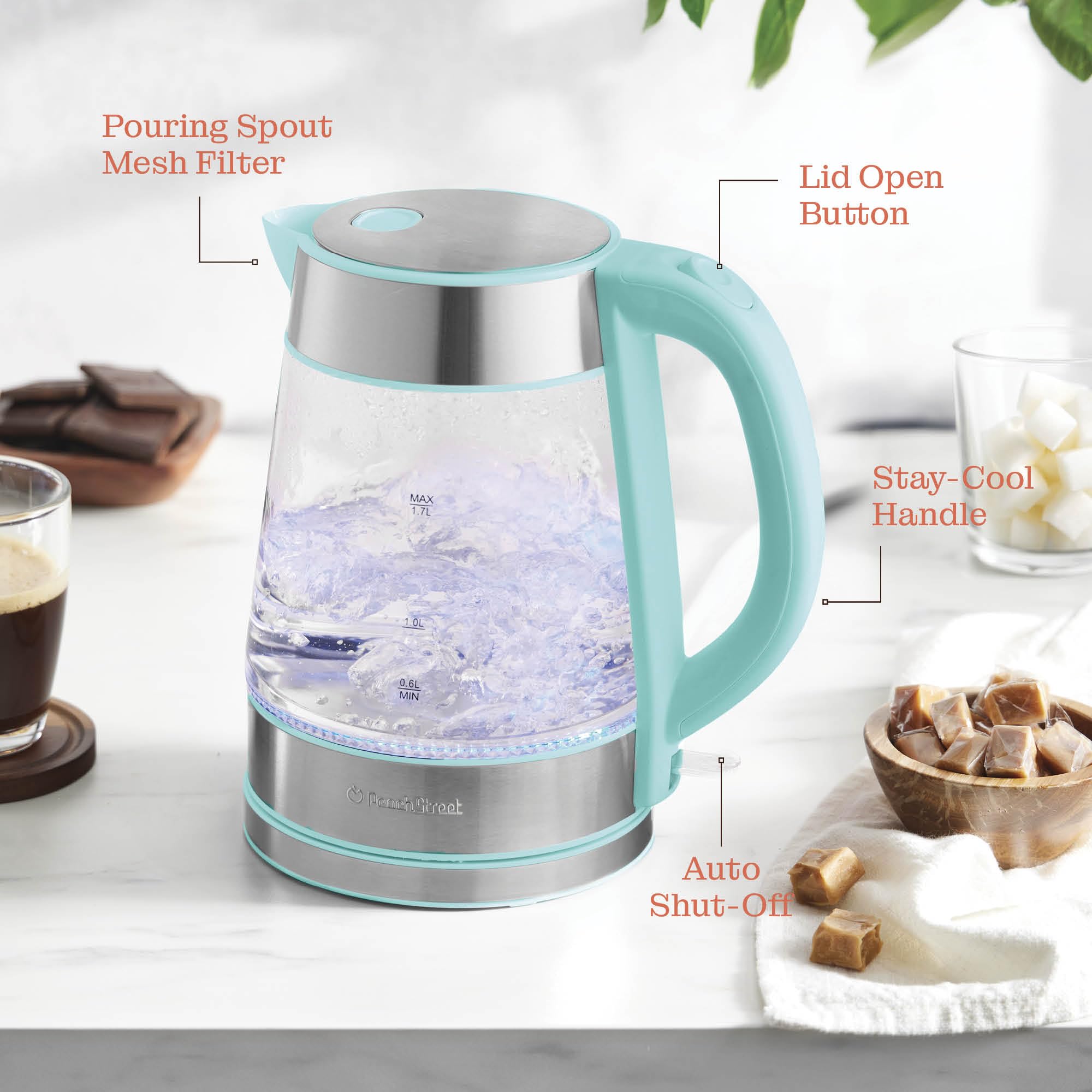 Peach Street Speed-Boil cordless pour from any angle with cool-touch handle.