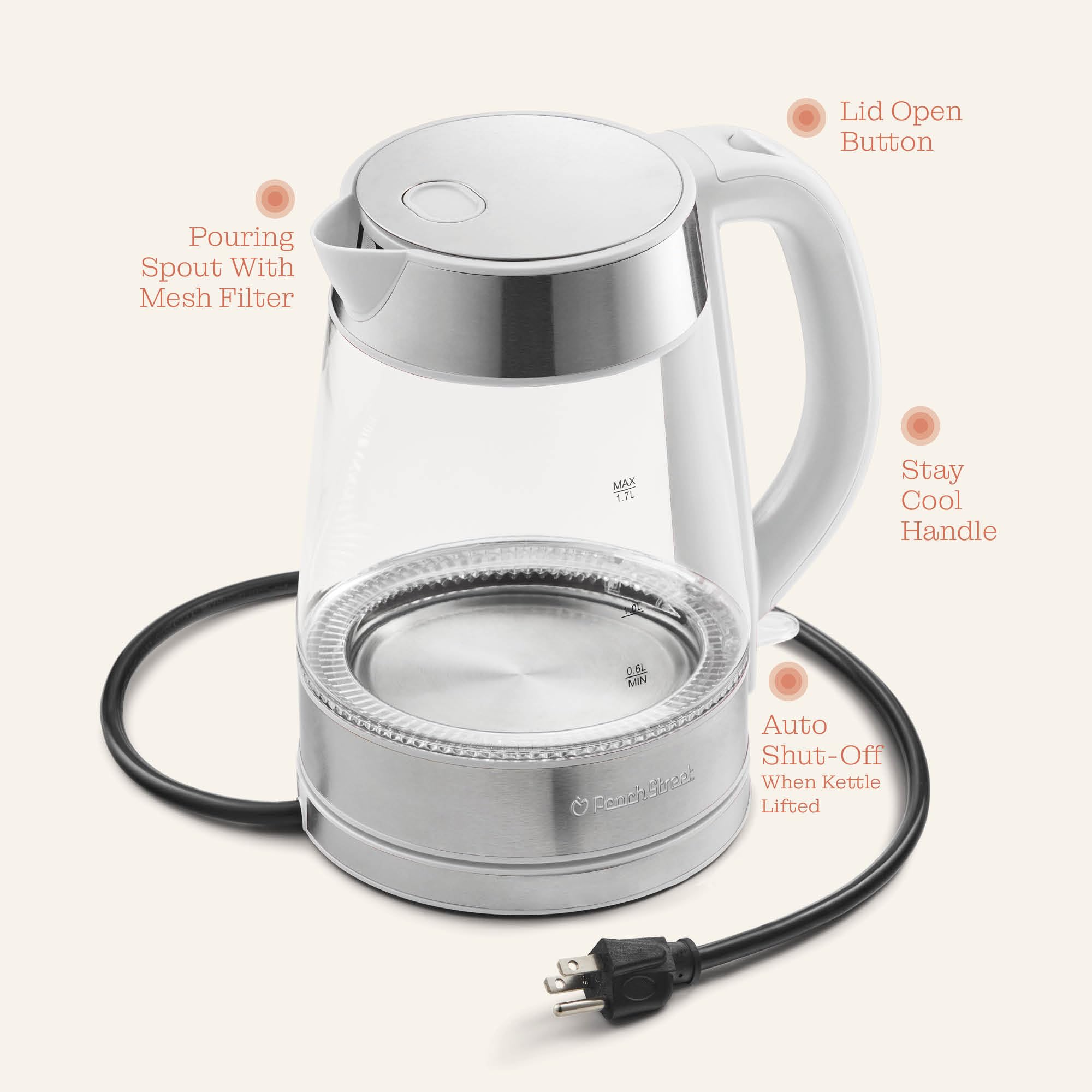 Peach Street Speed-Boil detachable base storage keeps cords tidy.