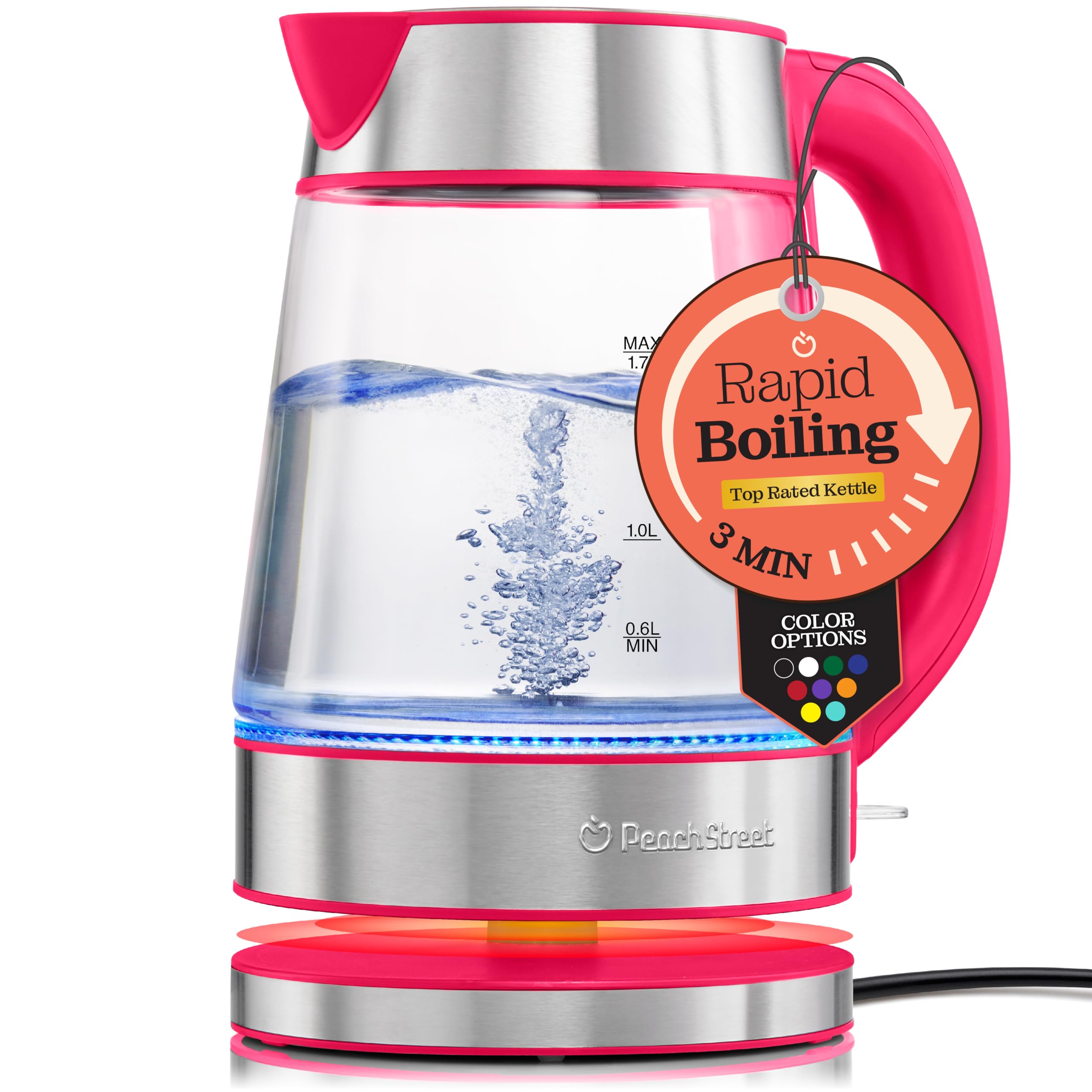 Peach Street Speed-Boil kettle front view with borosilicate glass and LED indicator.