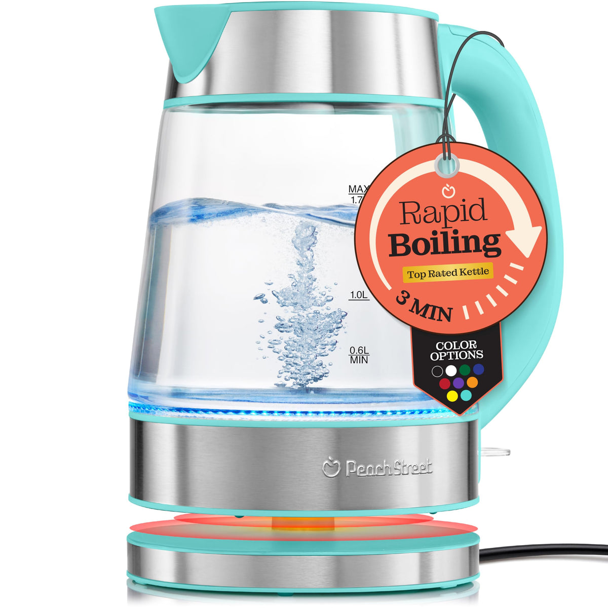 Peach Street Speed-Boil kettle front view with blue boil light for fast heating.