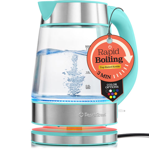 Peach Street Speed-Boil kettle front view with blue boil light for fast heating.