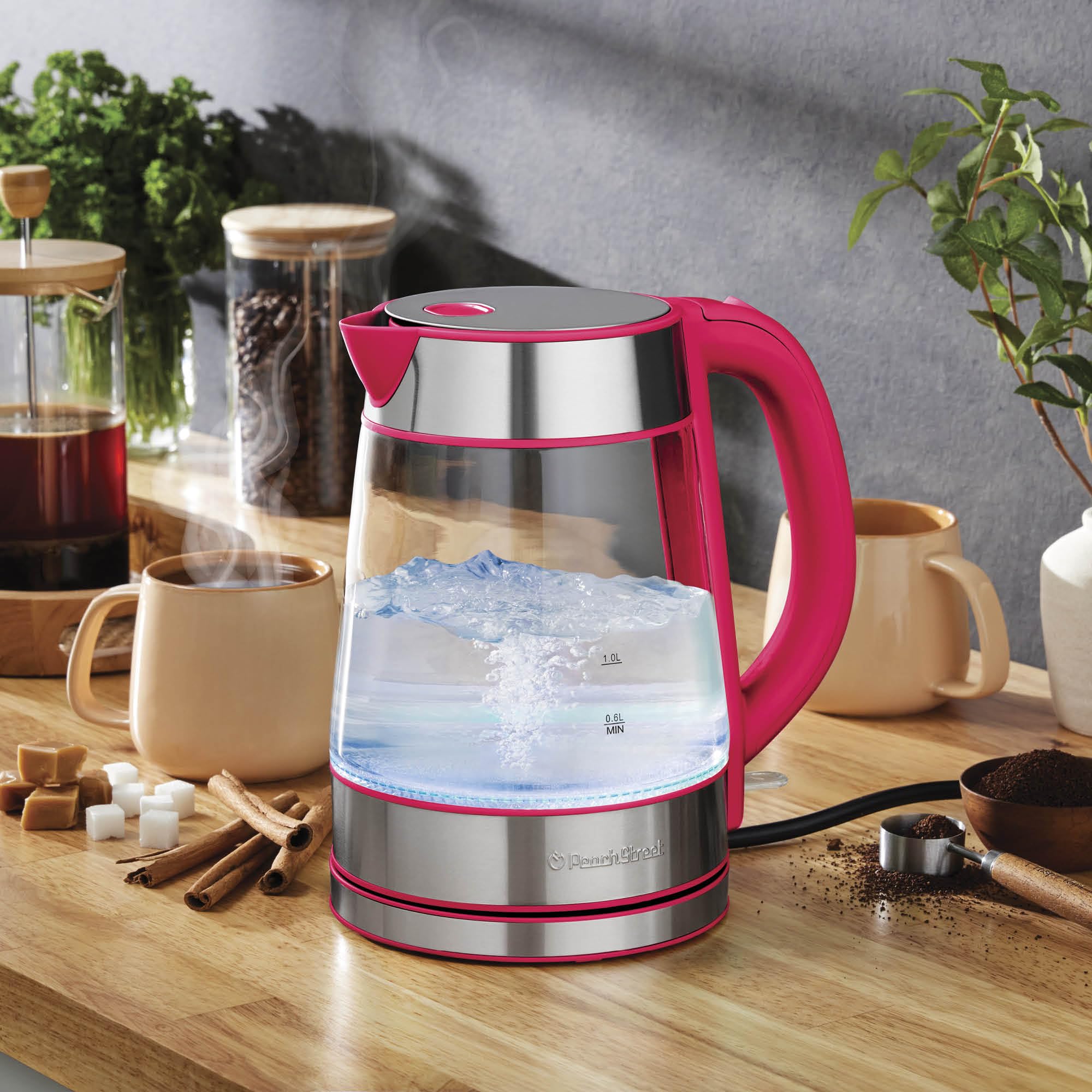 Peach Street Speed-Boil kettle glass body highlighted for clarity and safety.