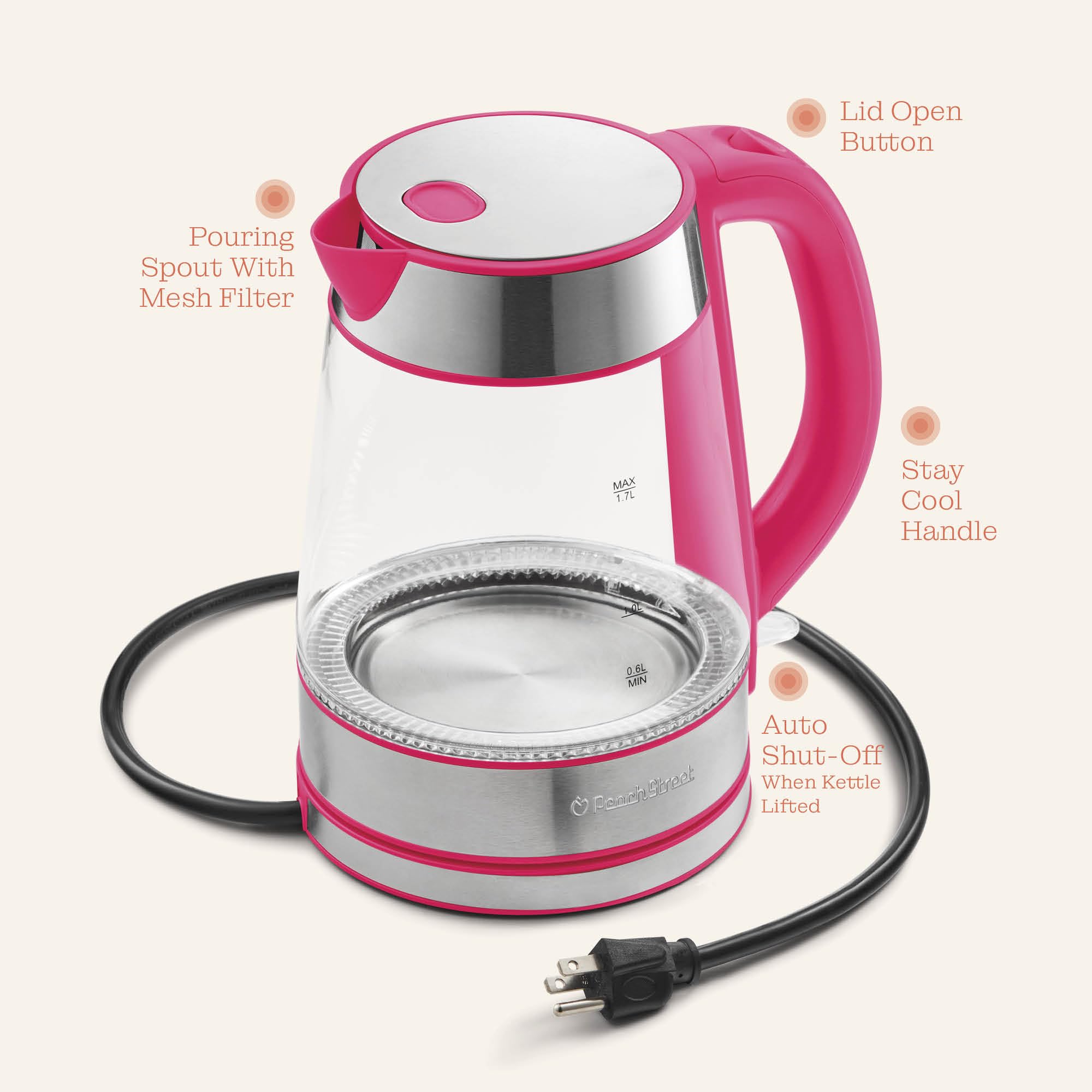 Peach Street Speed-Boil built-in mesh filter keeps tea bags out of the pour.
