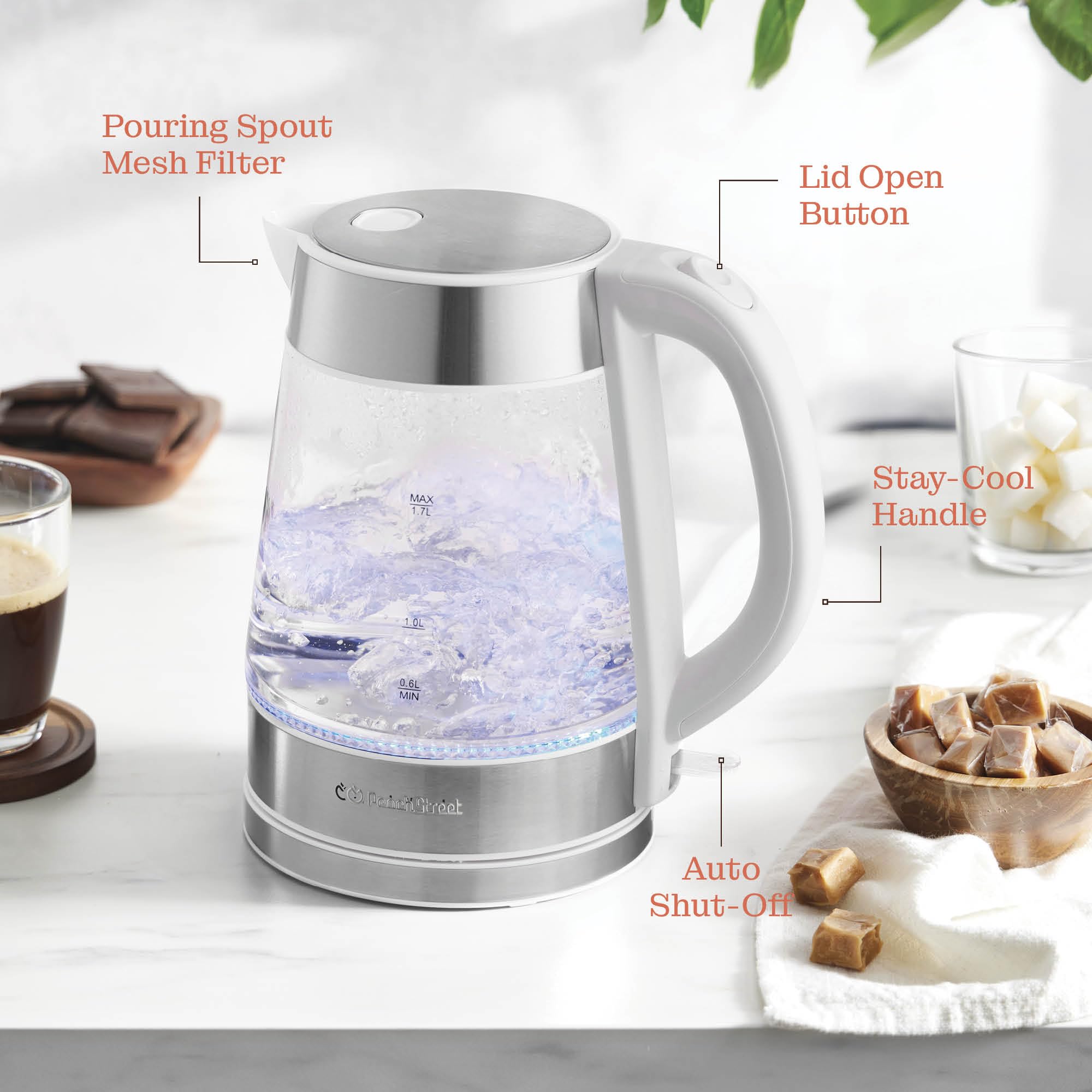 Peach Street Speed-Boil built-in mesh filter for tea bags and fruit infusions.
