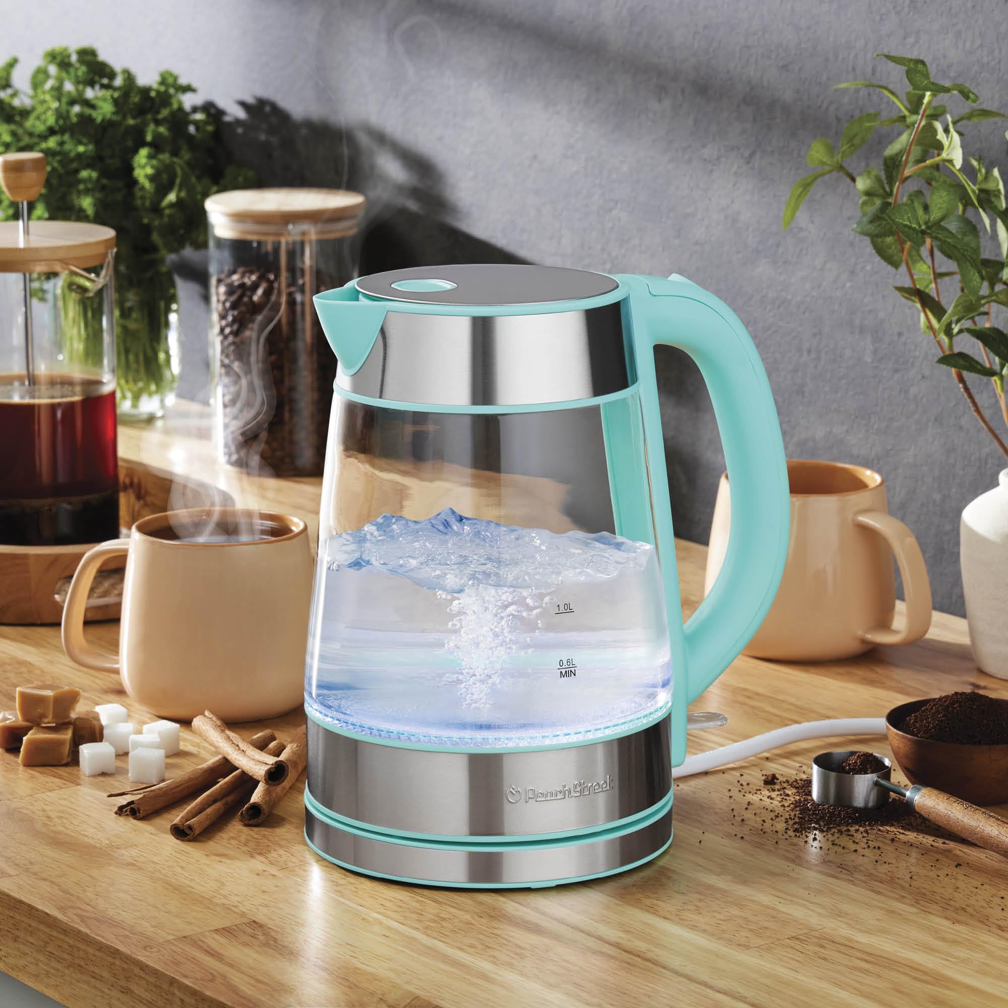 Peach Street Speed-Boil kettle side view showing borosilicate glass for clear monitoring.