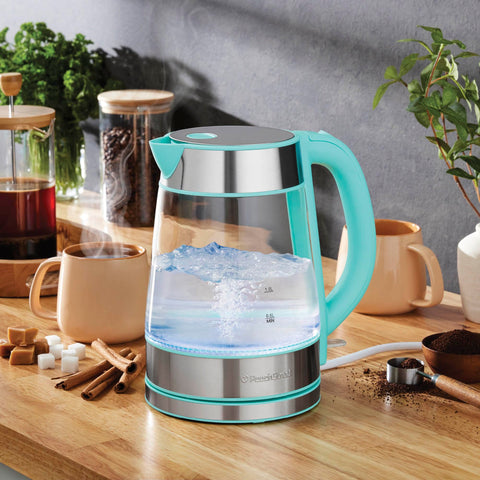 Peach Street Speed-Boil kettle side view showing borosilicate glass for clear monitoring.